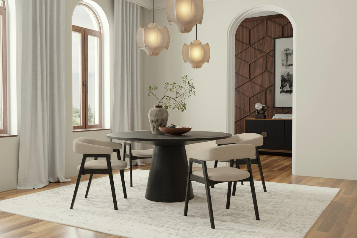 59 Inch Round Pedestal Dining Table, Solid Hardwood, Seats 6 to 8, Black Oak