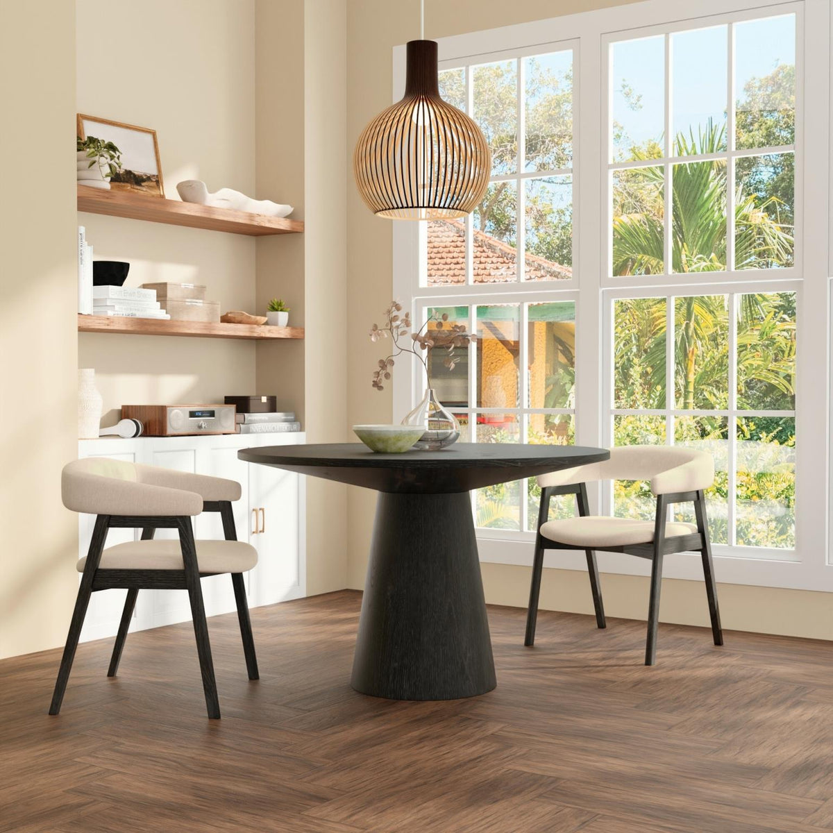 47 Inch Round Pedestal Dining Table, Solid Hardwood, Seats 4 to 6, Black Oak