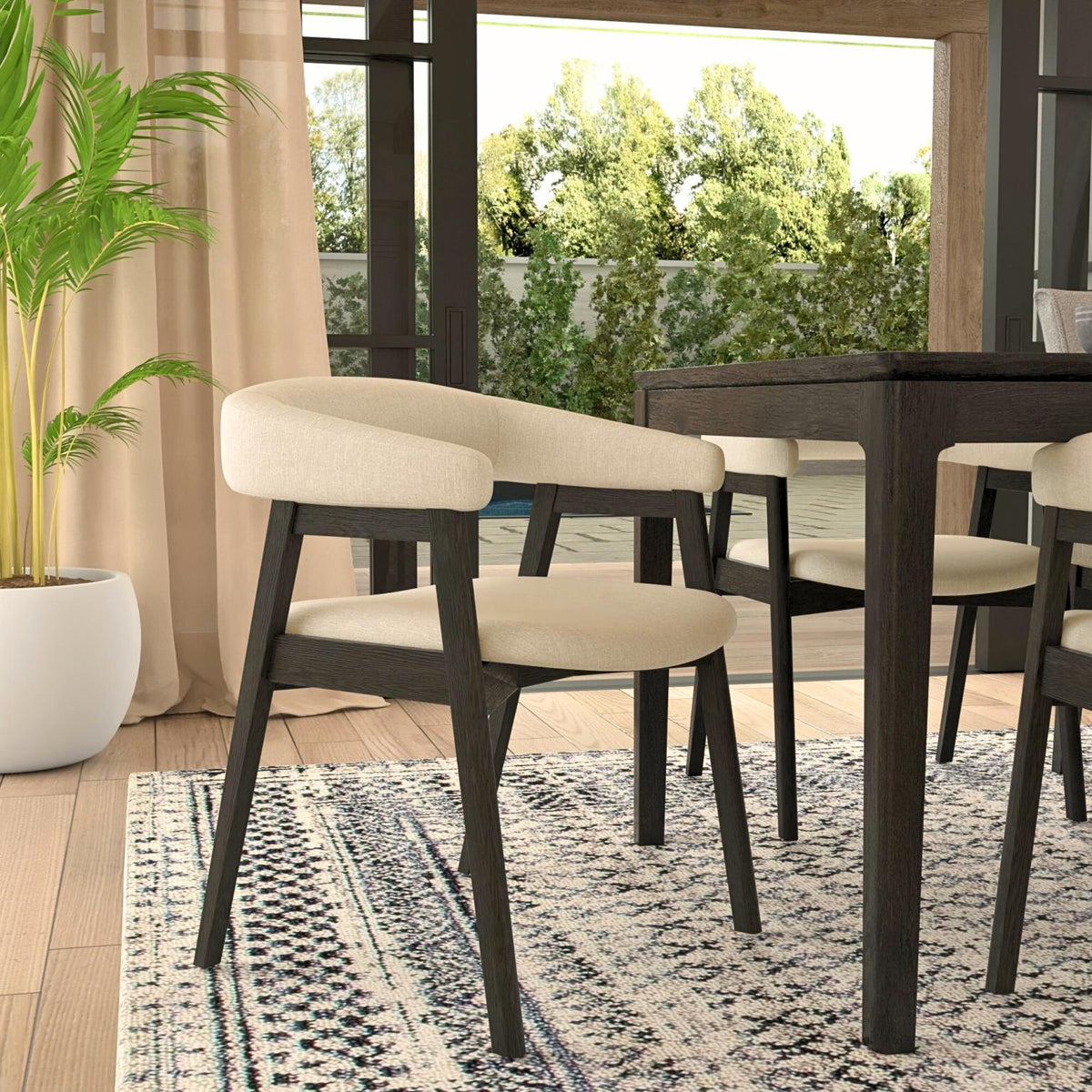 Curved Back Upholstered Dining Chairs Set of 2, Solid Oak Frame, Black Oak