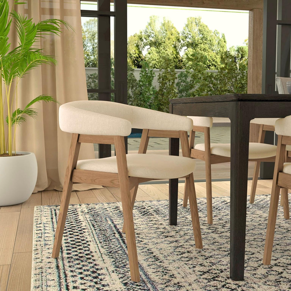 Curved Back Upholstered Dining Chairs Set of 2, Solid Oak Frame, Natural Oak