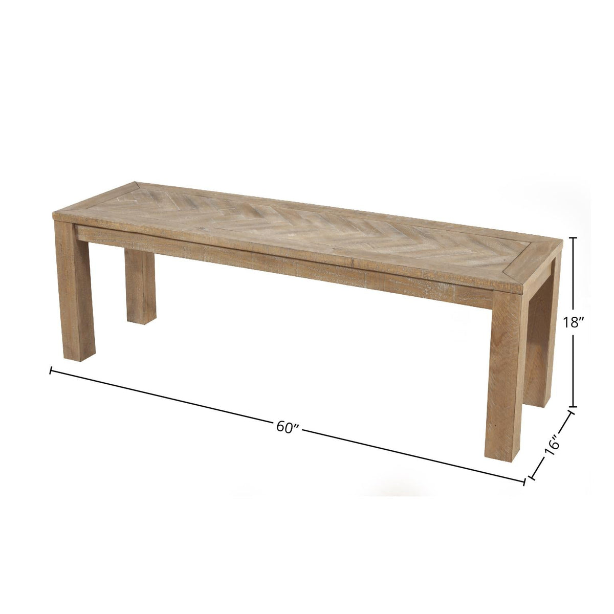 60 Inch Chevron Top Dining Bench, Solid Pine Wood, Seats 2 to 3, Honey Natural