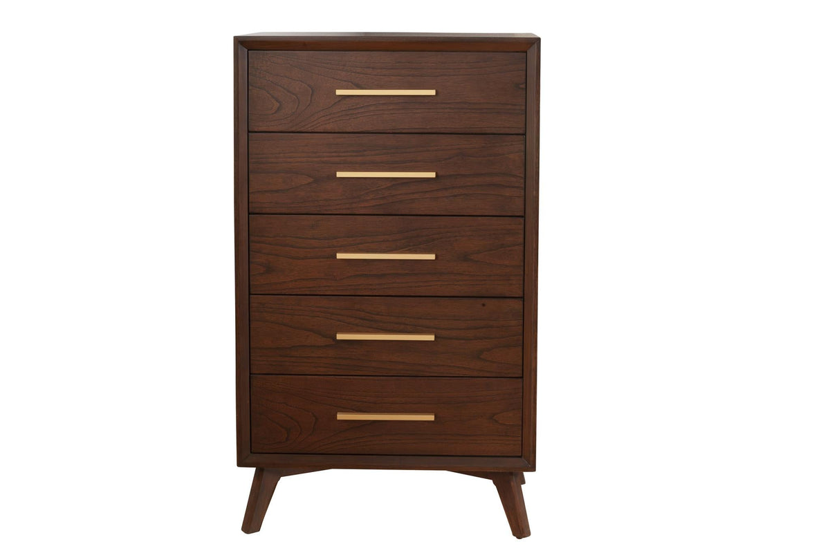 Mid Century Modern 5 Drawer Tall Chest, Solid Mahogany, Fully Assembled, Classic Walnut