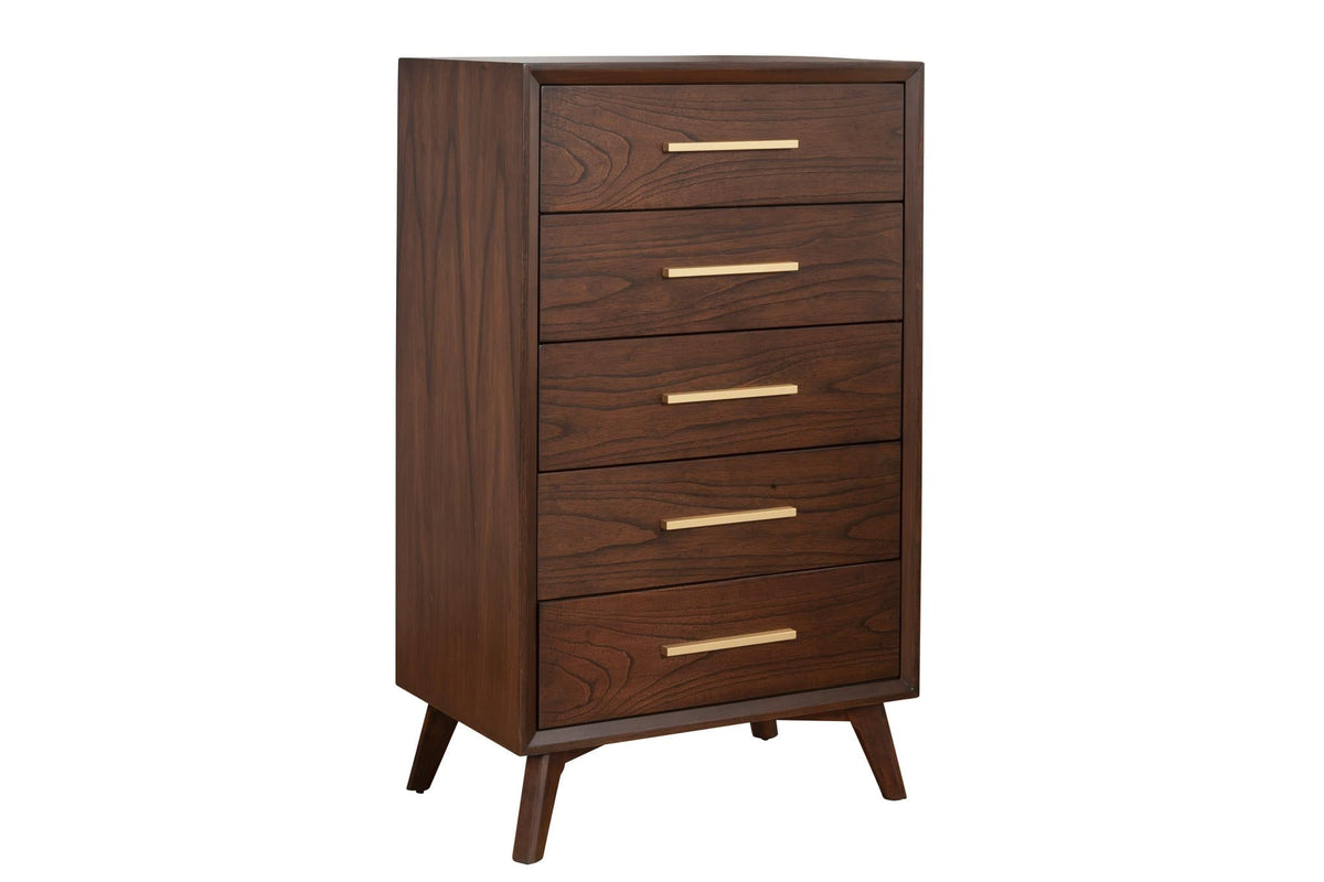 Mid Century Modern 5 Drawer Tall Chest, Solid Mahogany, Fully Assembled, Classic Walnut