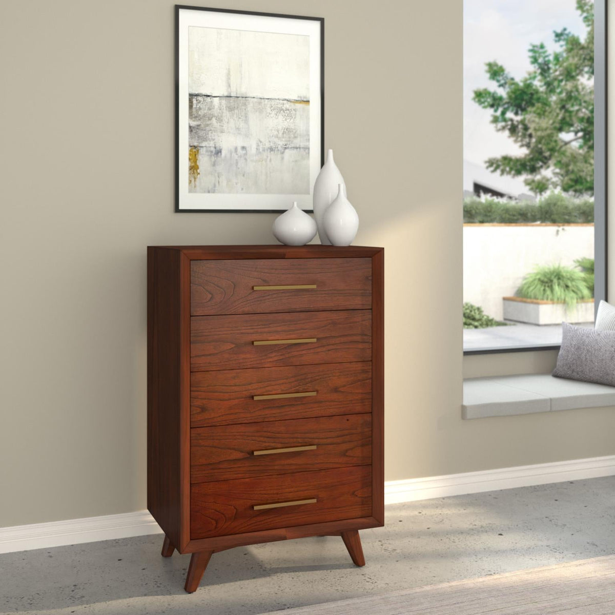 Mid Century Modern 5 Drawer Tall Chest, Solid Mahogany, Fully Assembled, Classic Walnut