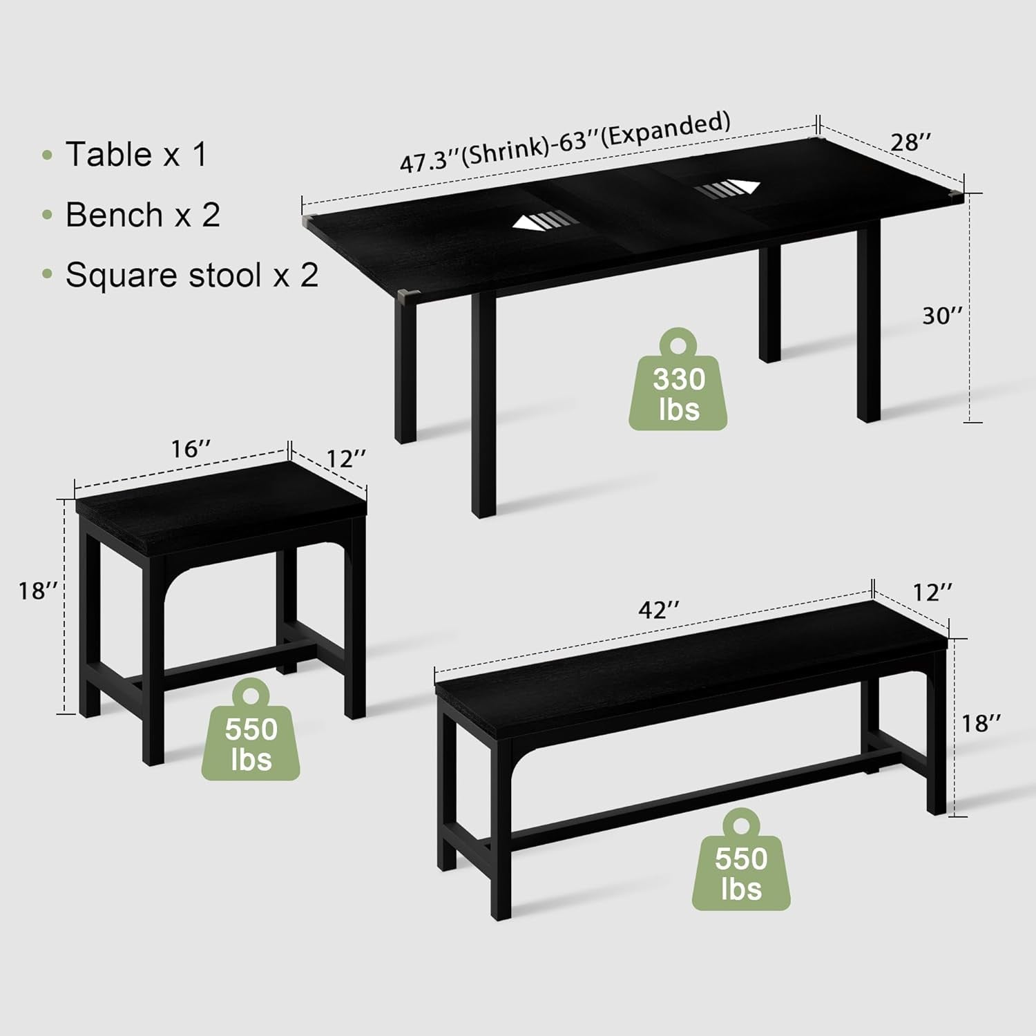 63 Inch Extendable Dining Table Set Black For 4 To 8