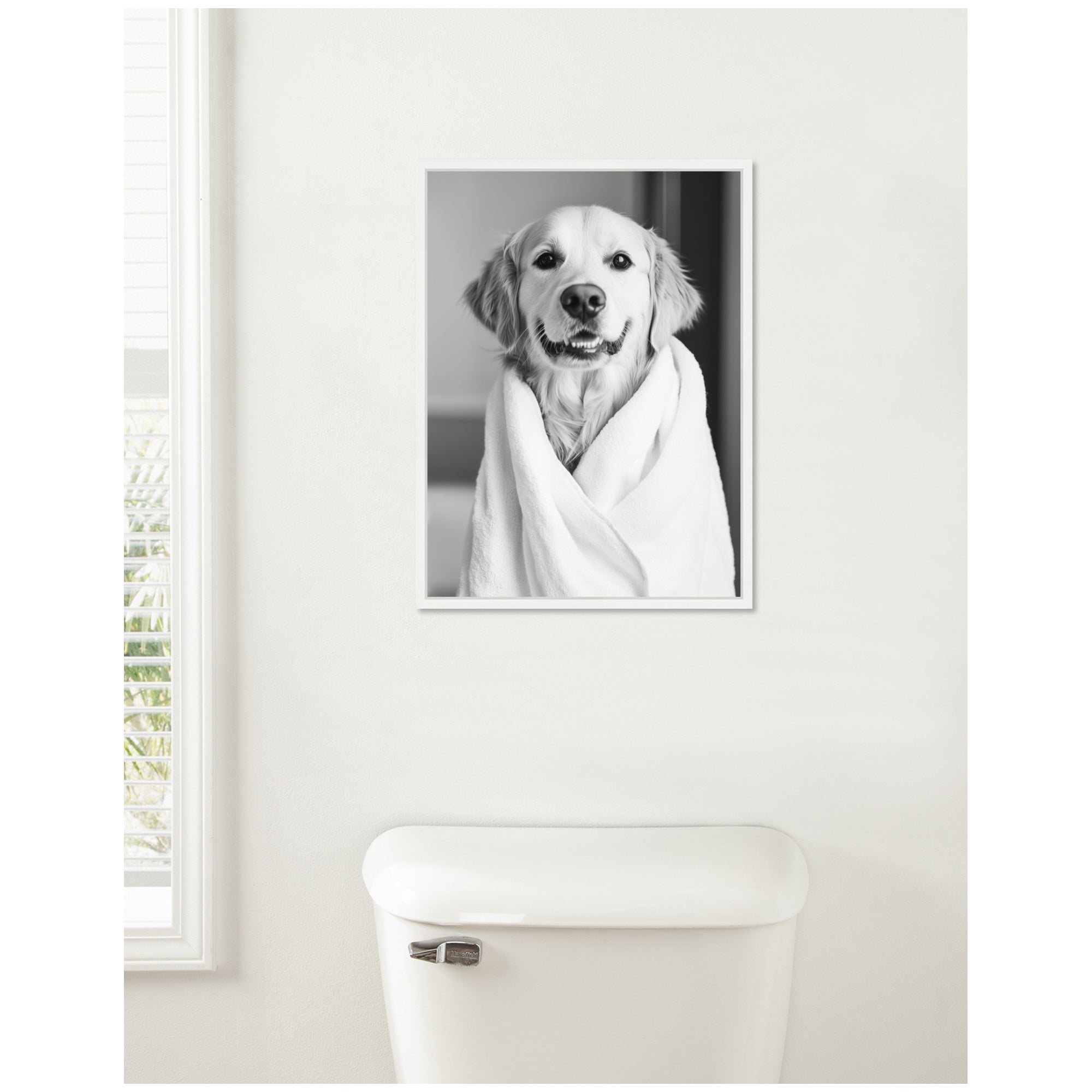 Sylvie Golden Retriever Bathroom Towel Robe Black and White Framed Canvas by The Creative Bunch Studio