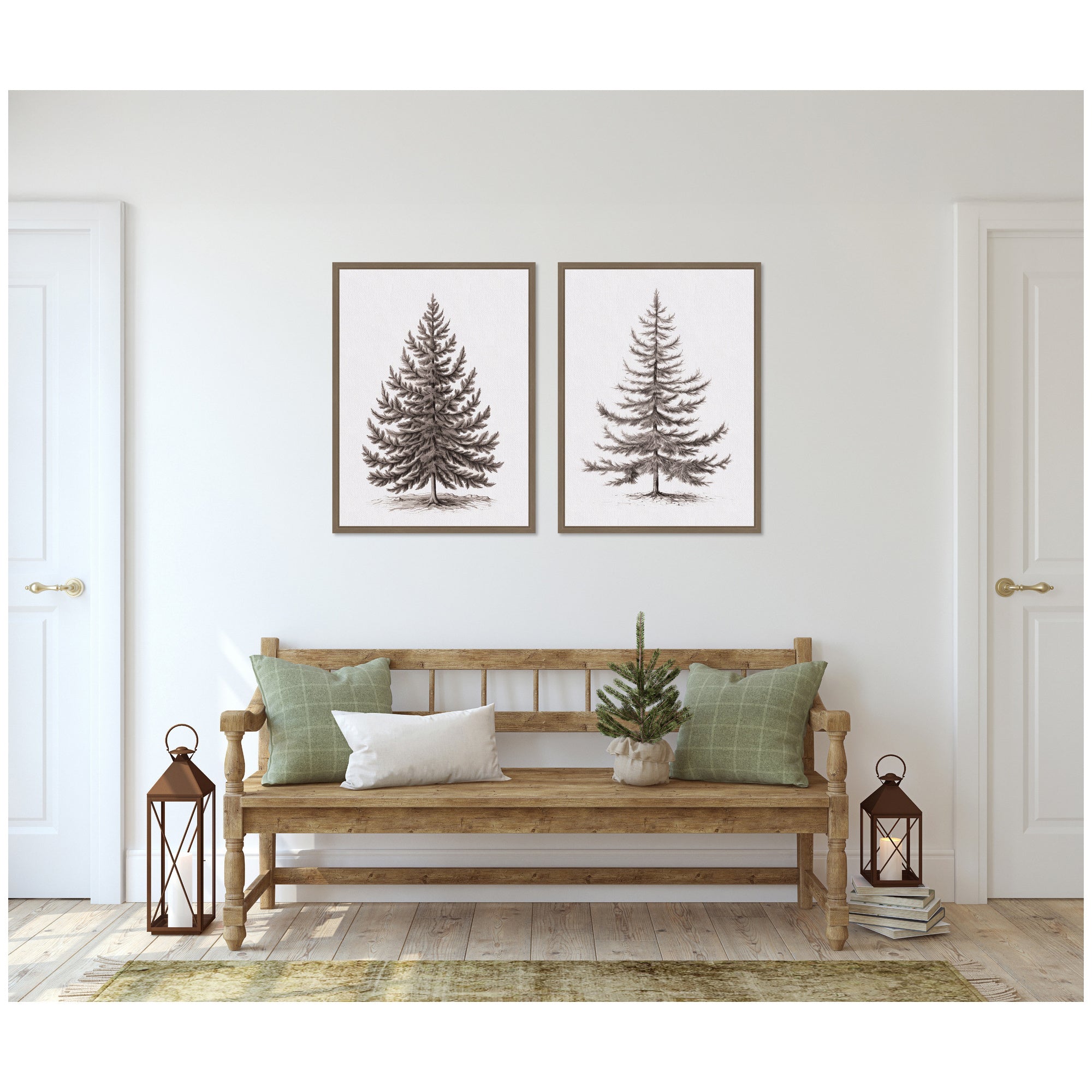 Sylvie Vintage Evergreen Fir Tree - 2 Piece Framed Canvas Art Set by The Creative Bunch Studio