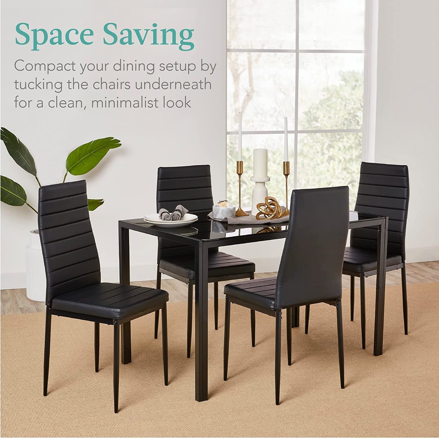 Glass Top Dining Table Set With Steel Frame Leather Chairs