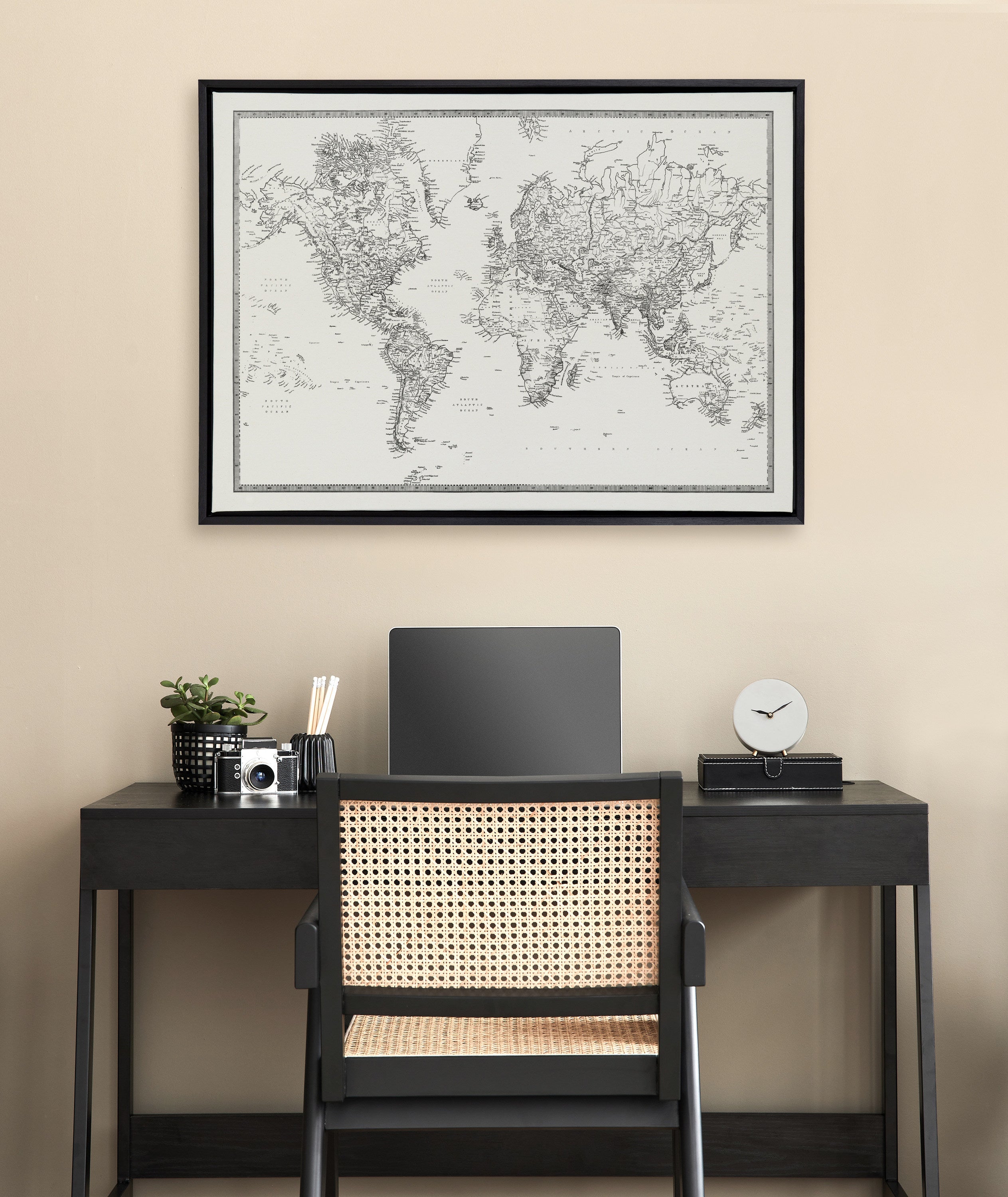 Sylvie Vintage Black and White World Map Framed Canvas by The Creative Bunch Studio