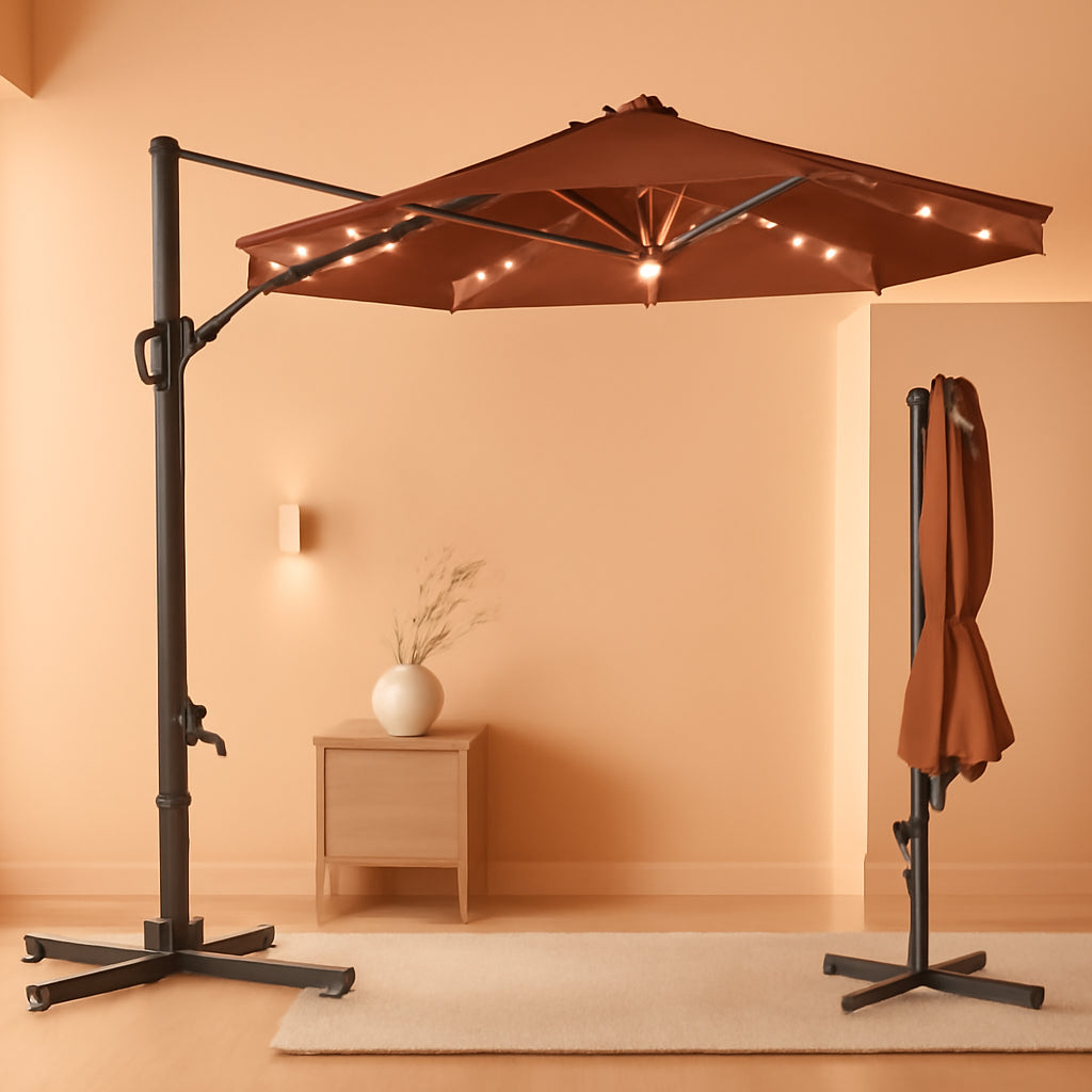 10Ft Solar LED Cantilever Patio Umbrella With 360 Degree Rotation And Integrated Lights