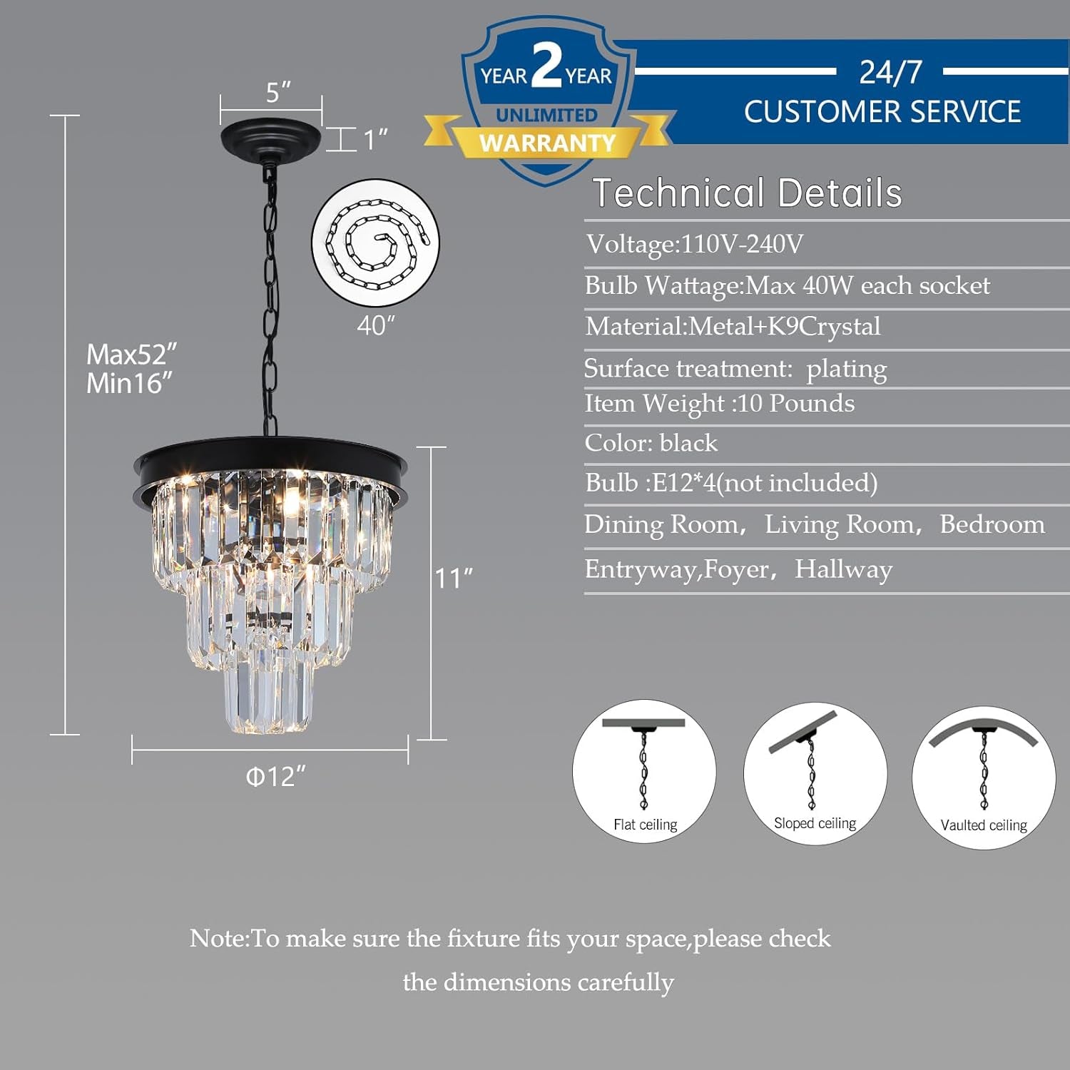 Black Crystal Chandelier Four Light Dining Room Pendant-4