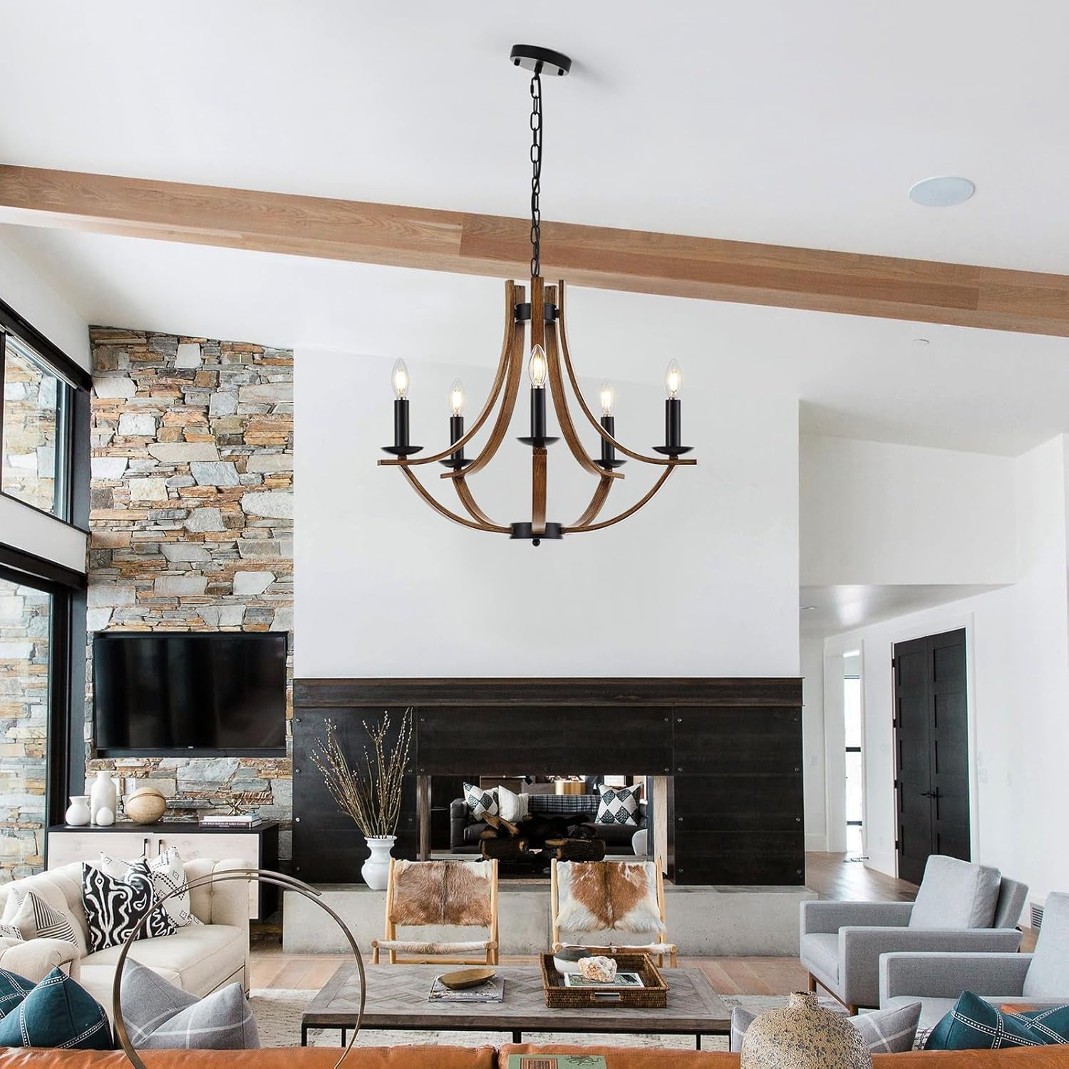 22 Inch Farmhouse Wooden Chandelier 5 Lights Black Finish-1