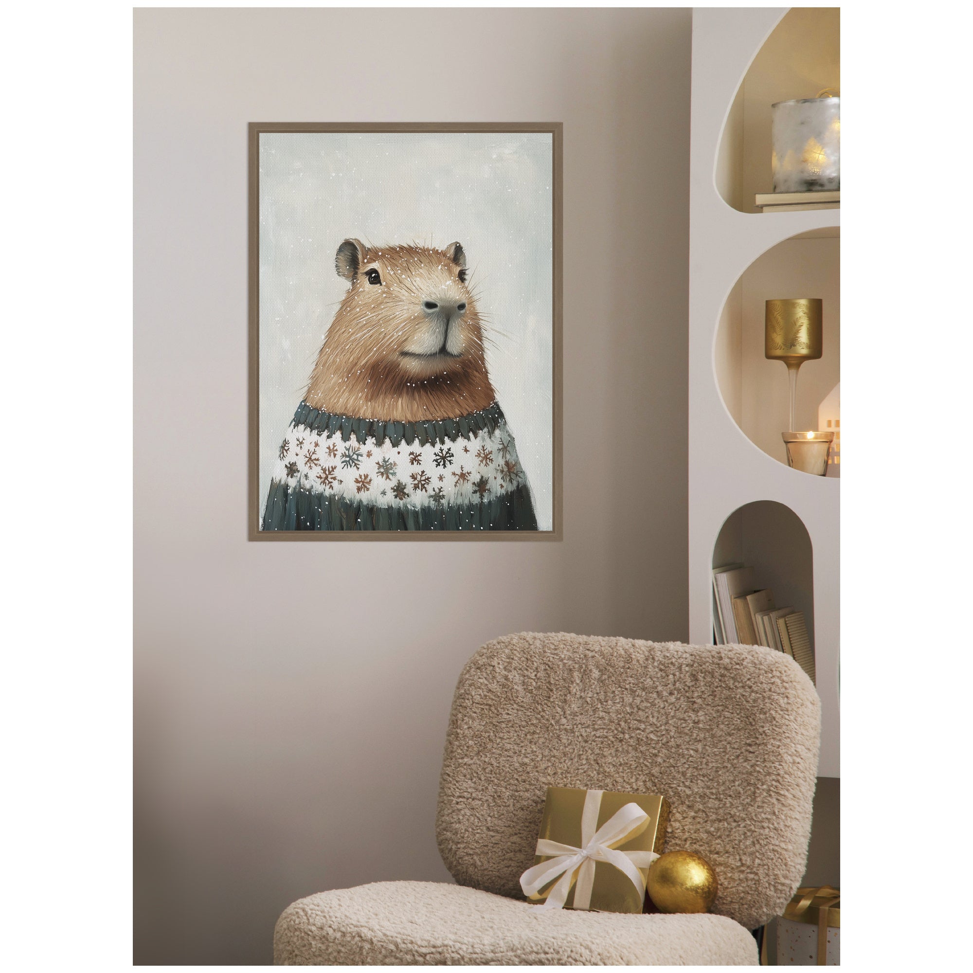 Sylvie Framed Canvas Capybara in Winter Snowflake Sweater by The Creative Bunch Studio