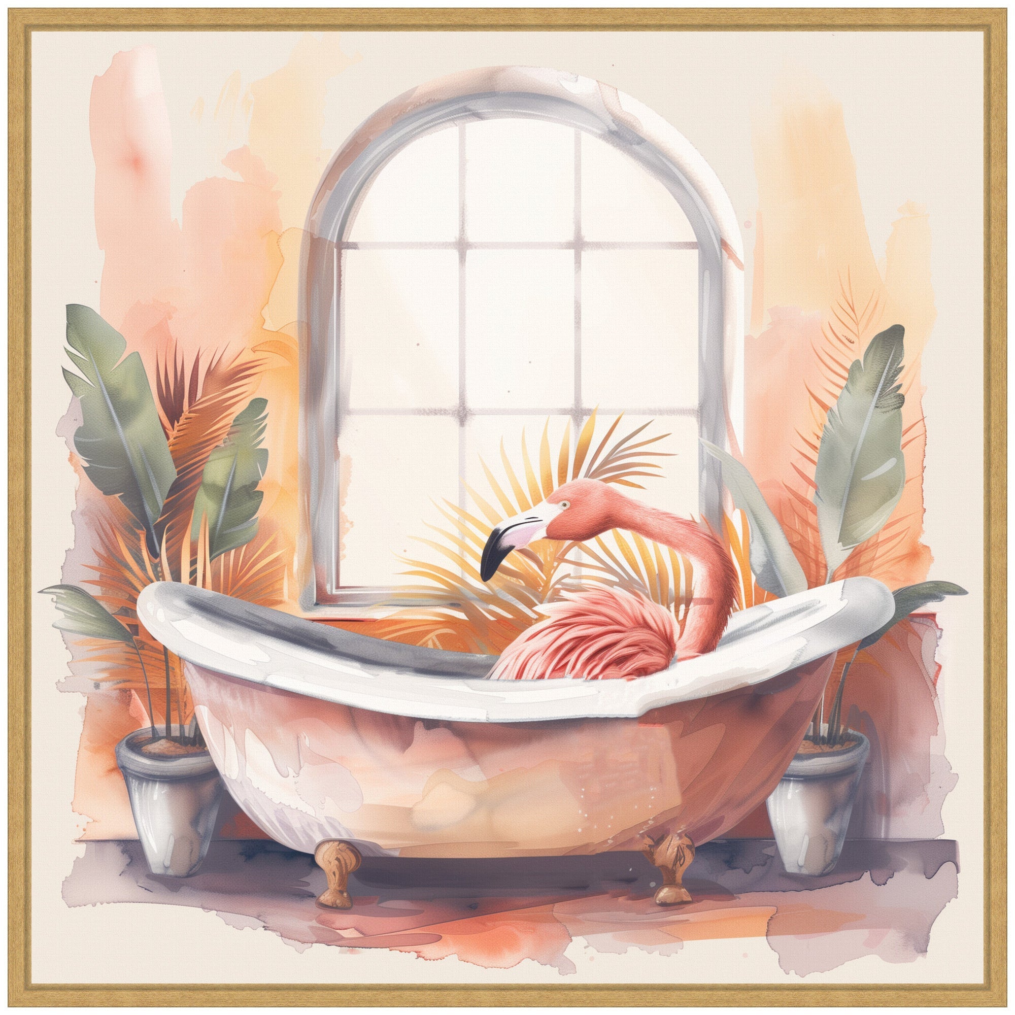 Sylvie Flamingo Bath Pastel Tropical Bathroom Watercolor Framed Canvas by The Creative Bunch Studio