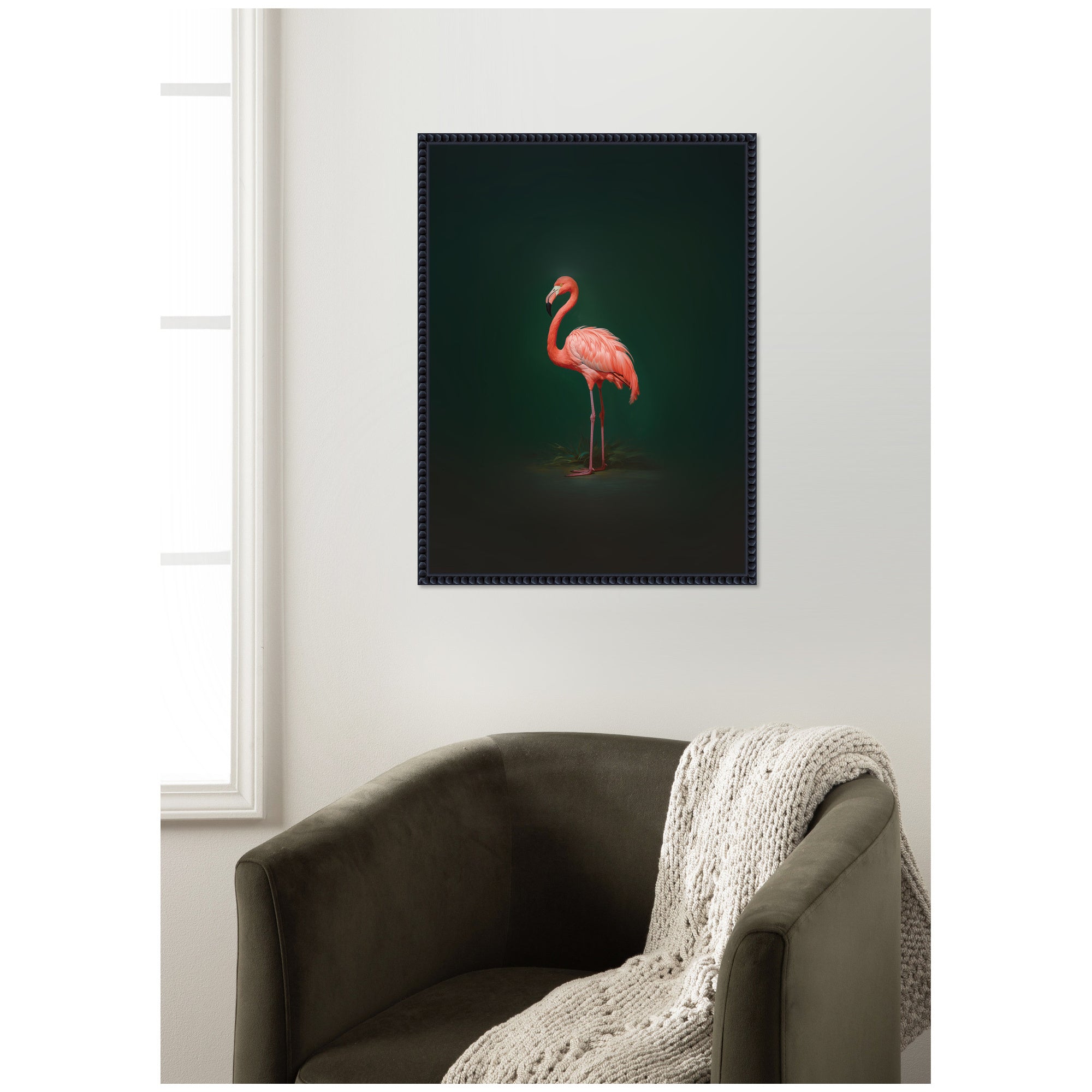 Flamingo Side View Rich Green Backdrop by The Creative Bunch Studio Framed Canvas Wall Art Print