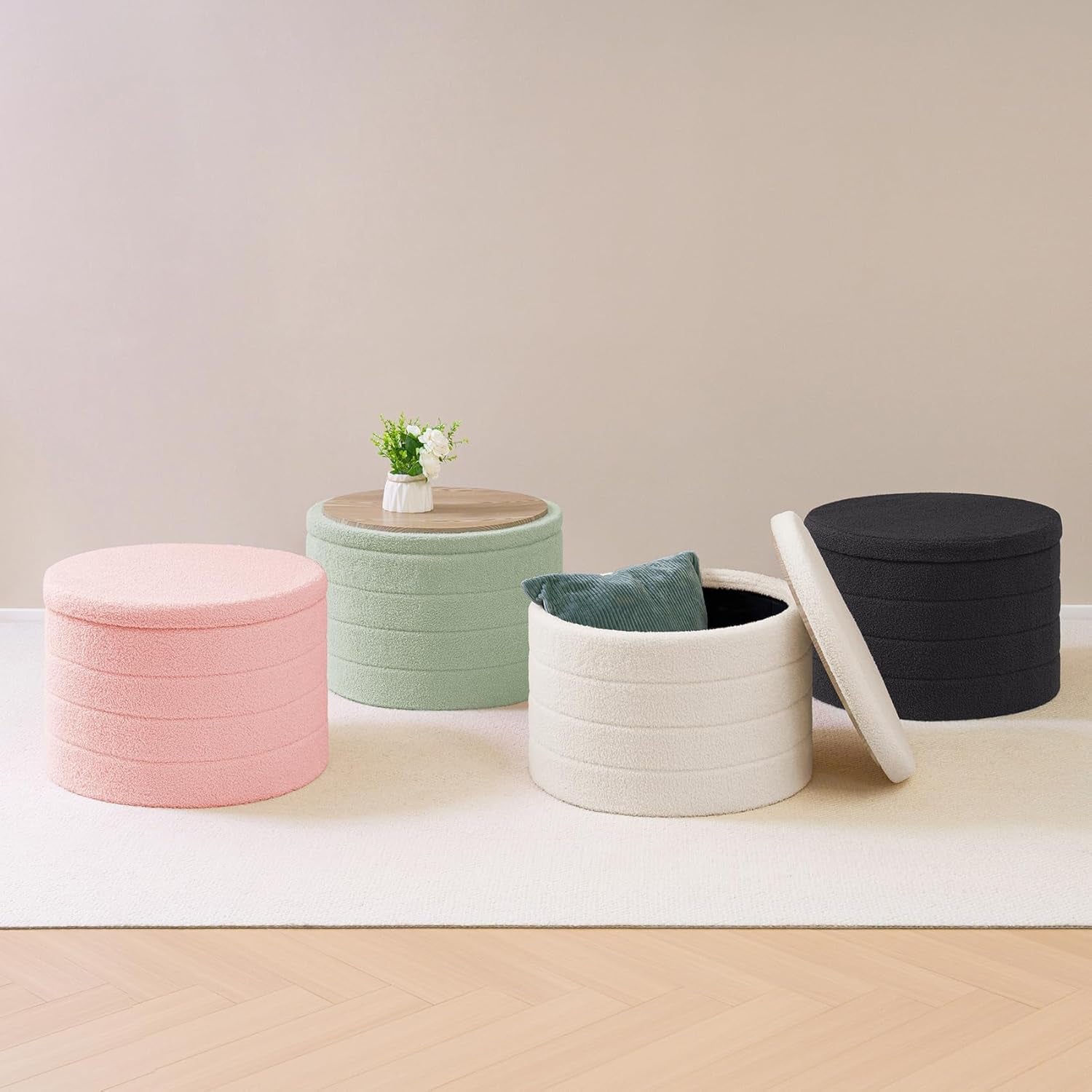 Round Sherpa Boucle Storage Ottoman White 22 Inches