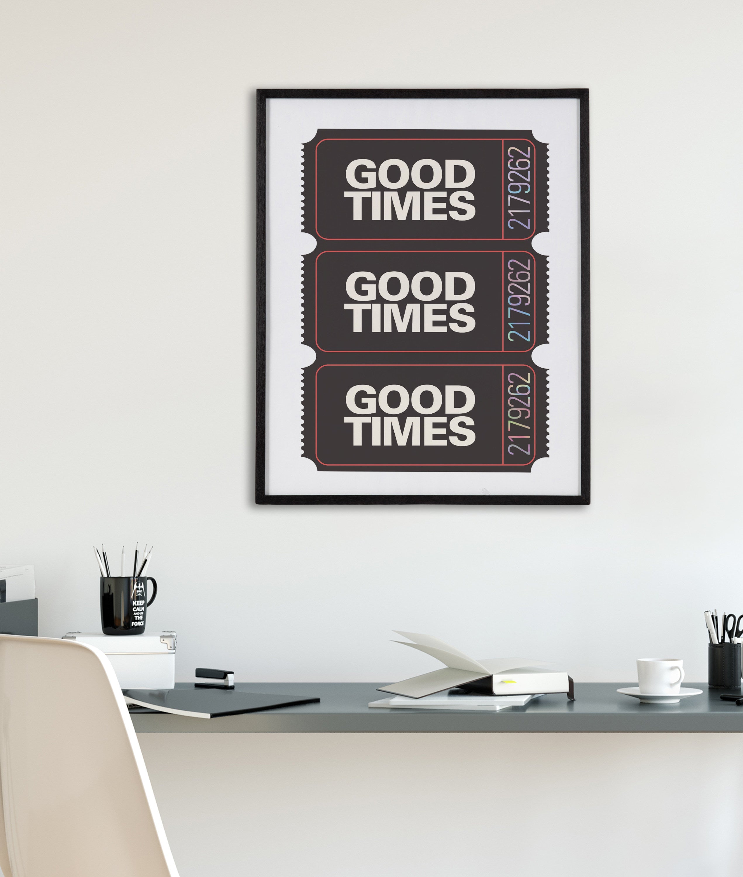 Gallery Preppy Retro Positive Quote Good Times Ticket Print by The Creative Bunch Studio