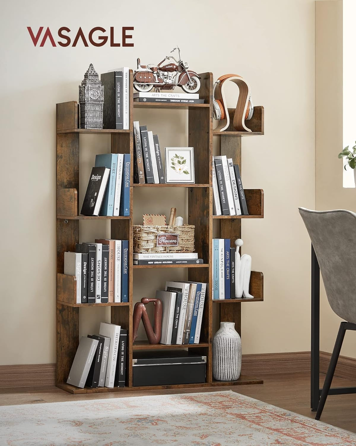 Tree Shaped Bookcase Rustic Brown Tall With 13 Shelves
