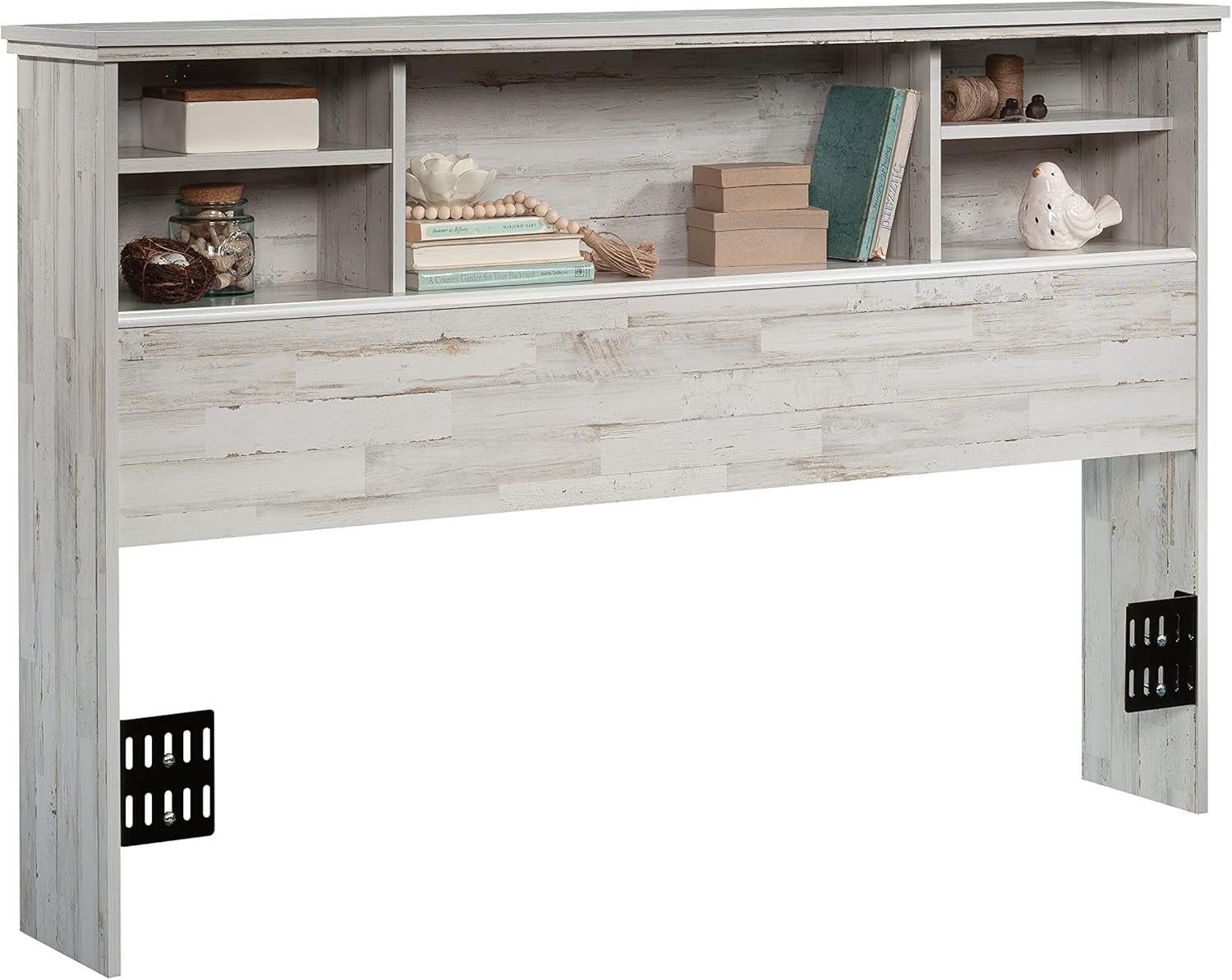 Versatile White Plank Headboard with Adjustable Storage Shelves