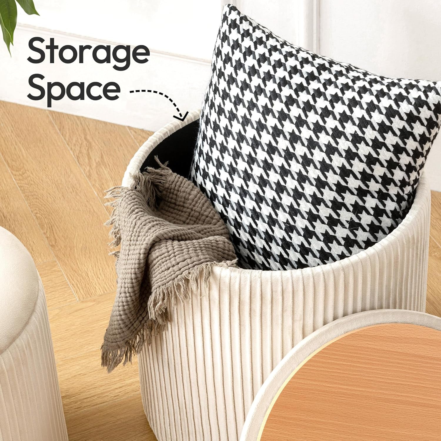 Beige Velvet Storage Ottoman With Hidden Compartment