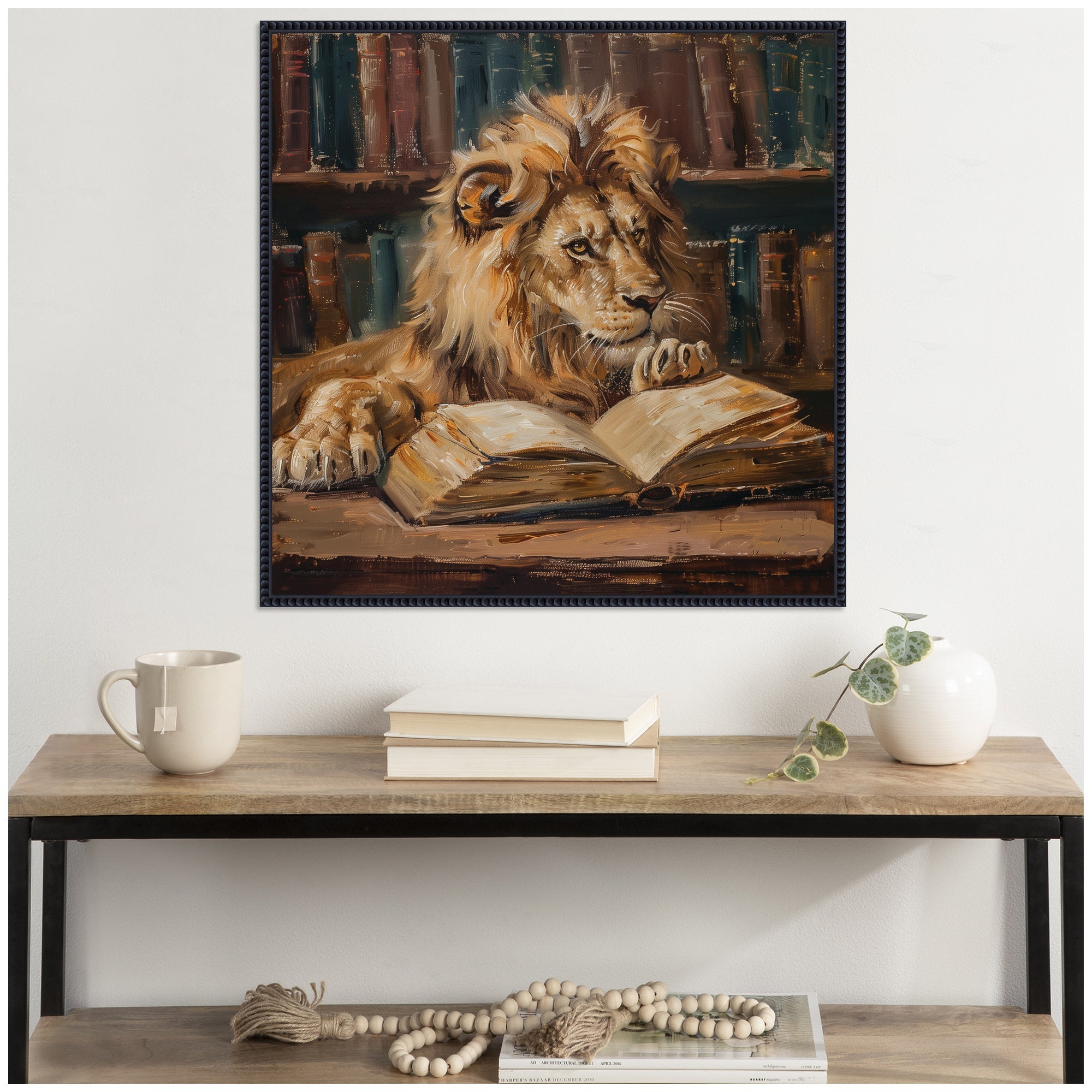 Sylvie Traditional Lion Reading in Library Framed Canvas by The Creative Bunch Studio