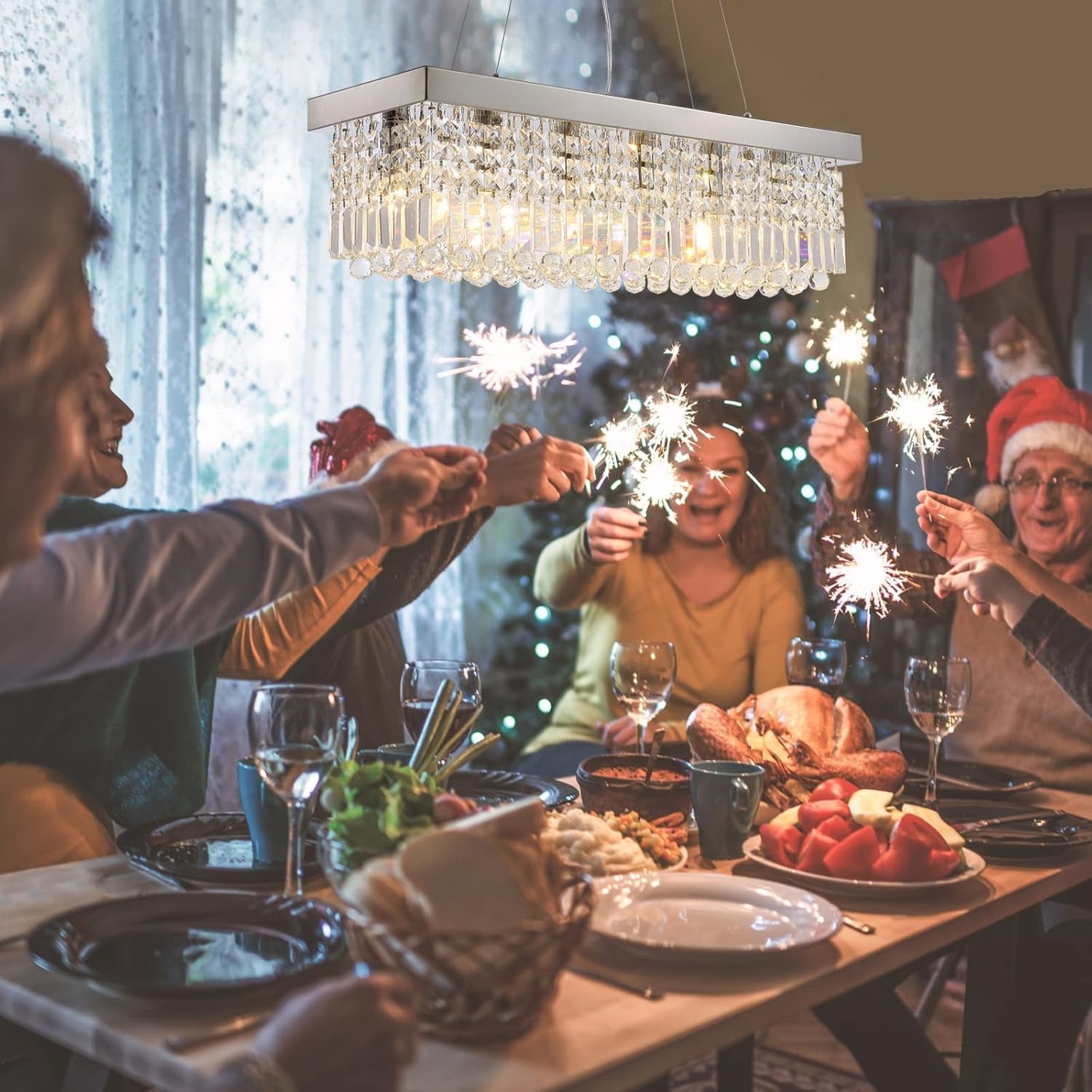 Rectangular Crystal Chandelier Thirty One Point Five Inch Dining Room-2