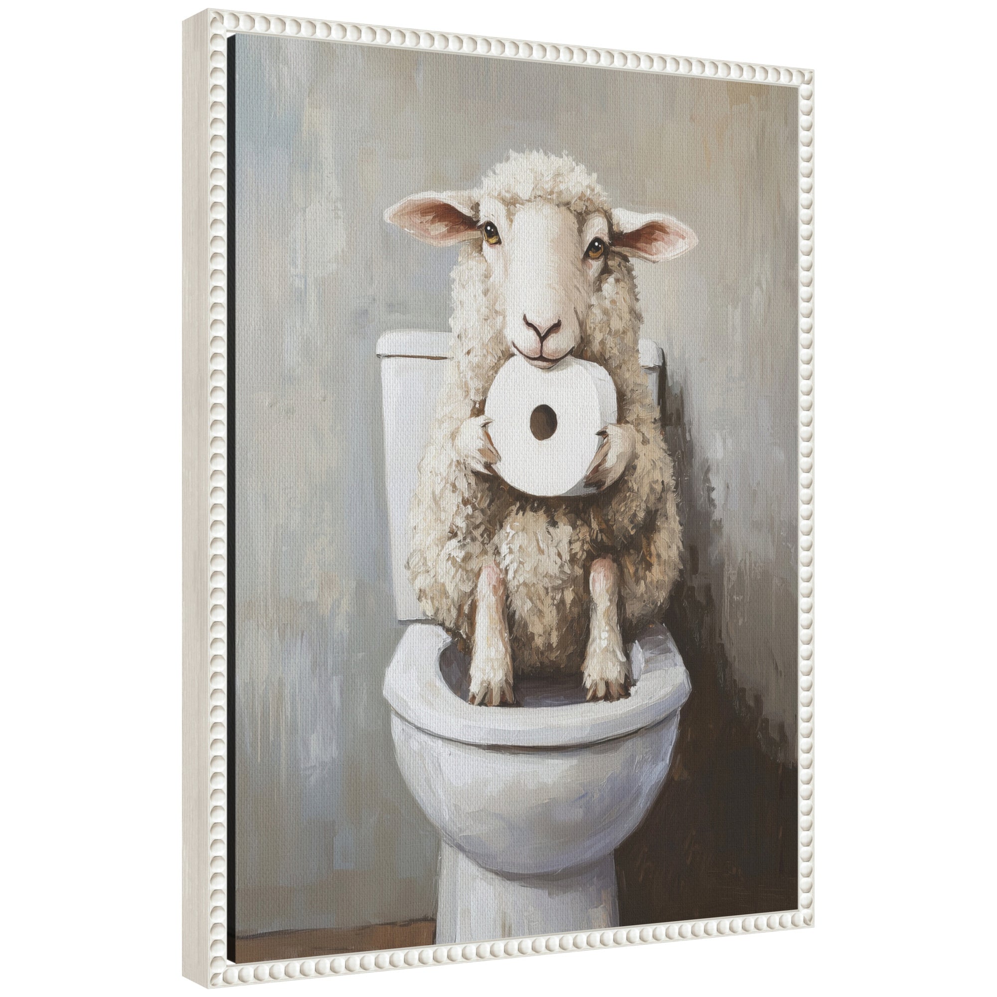 Sylvie Cute Sheep Holding Toilet Paper Roll Toilet Bathroom Art Framed Canvas by The Creative Bunch Studio