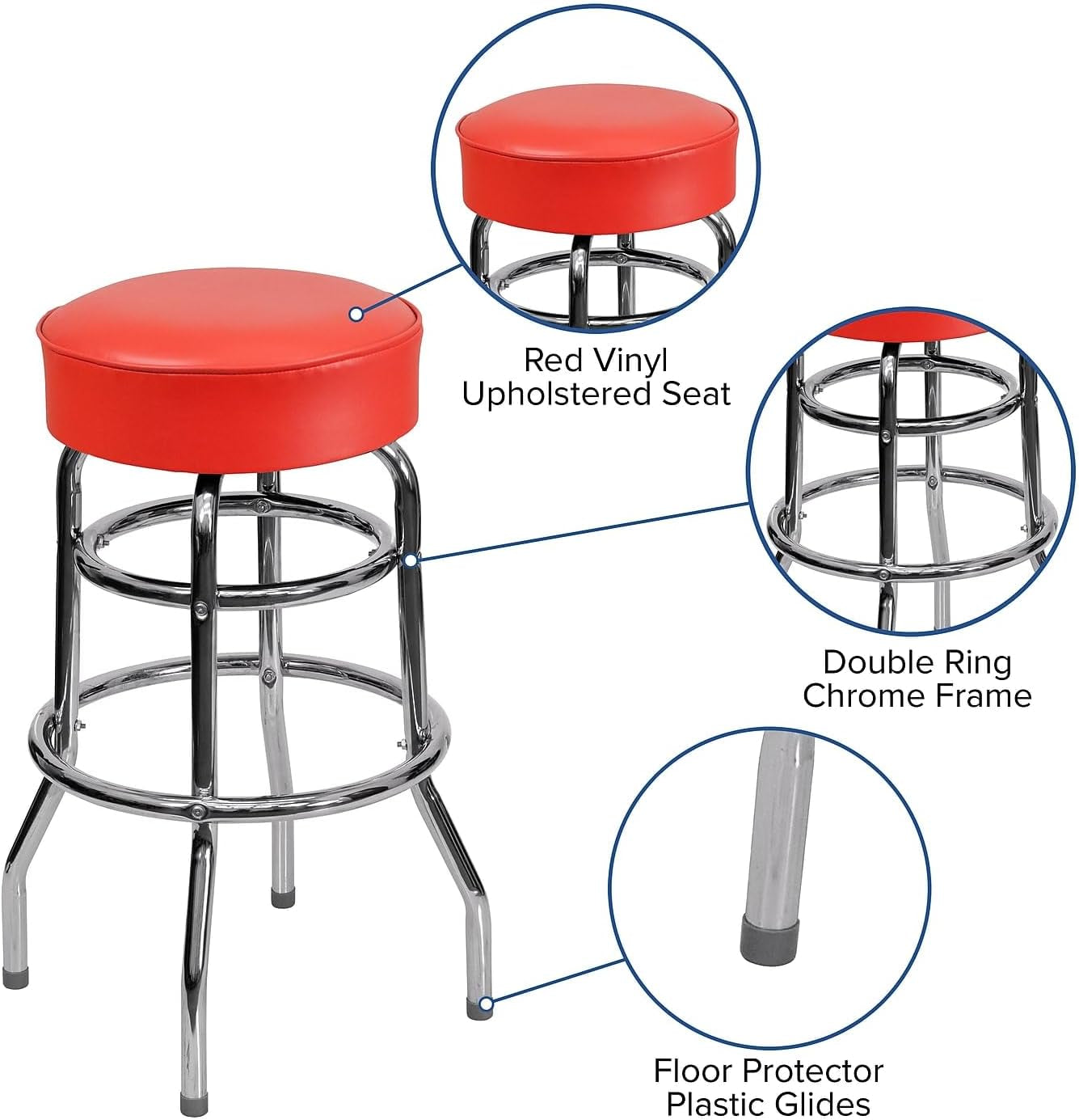 Bruno 2 Pack Chrome Barstool With Red Seat Double Ring