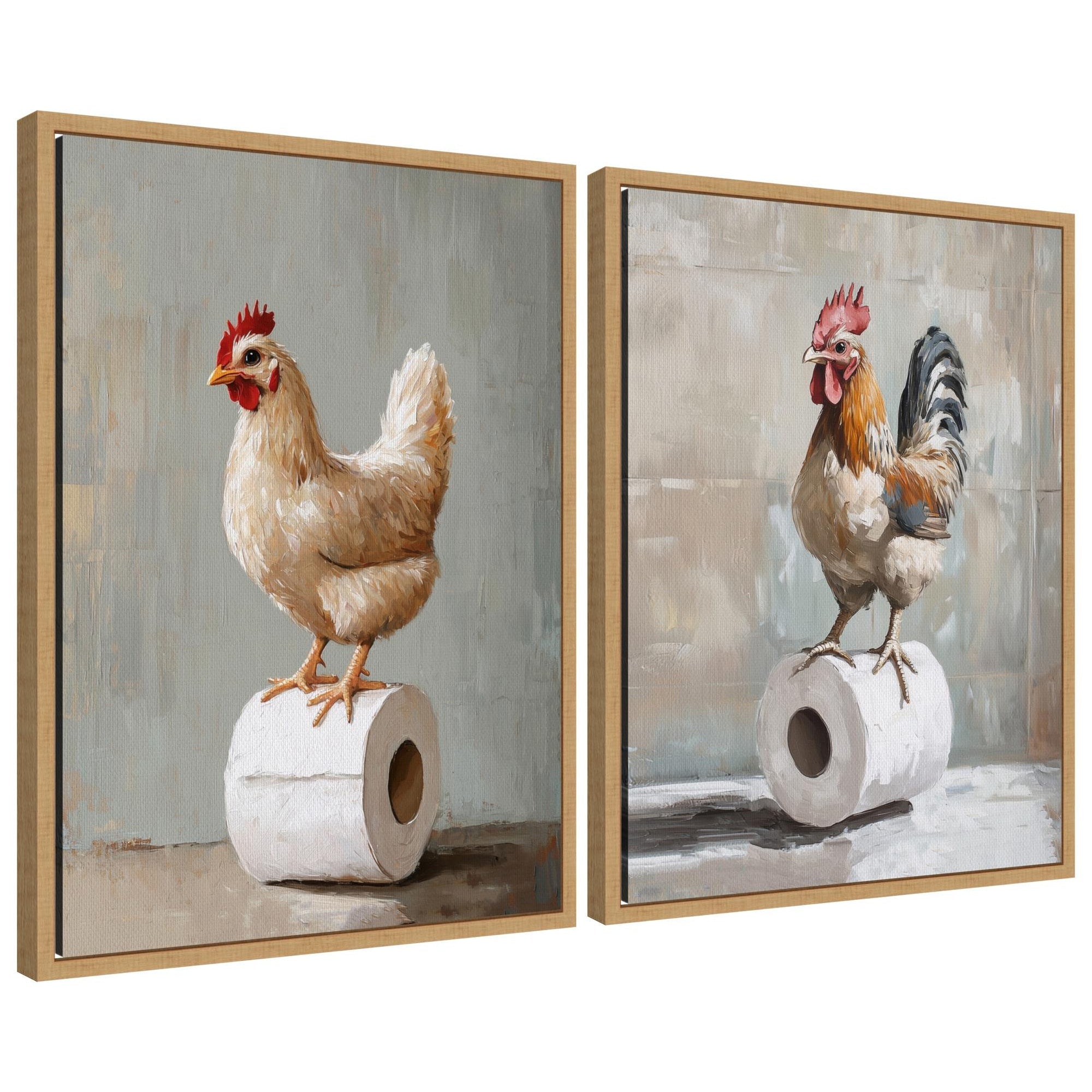 Sylvie Chicken and Rooster Bathroom Art Framed Canvas Art Set by The Creative Bunch Studio