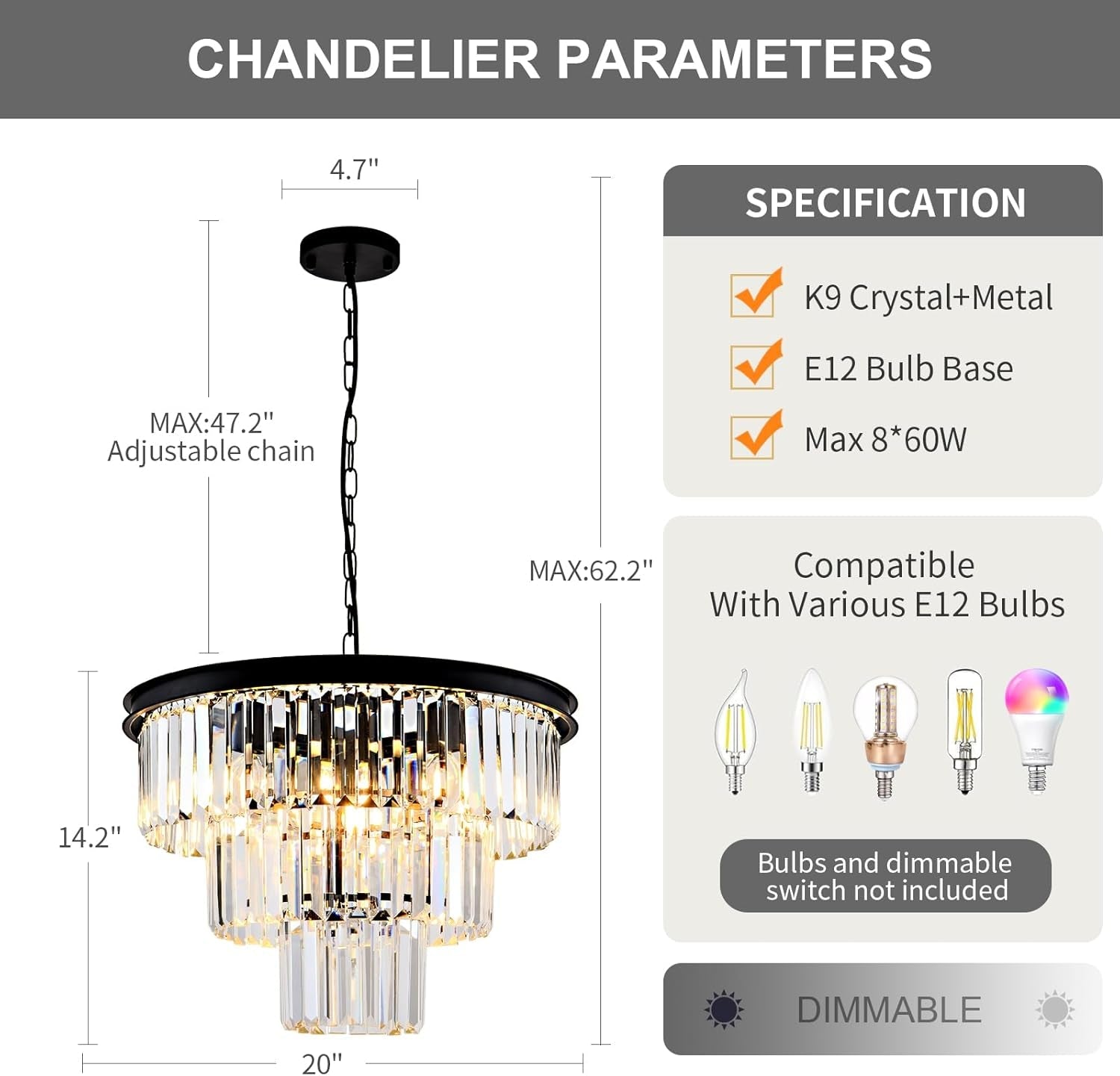 8 Light Black Crystal Chandelier-3