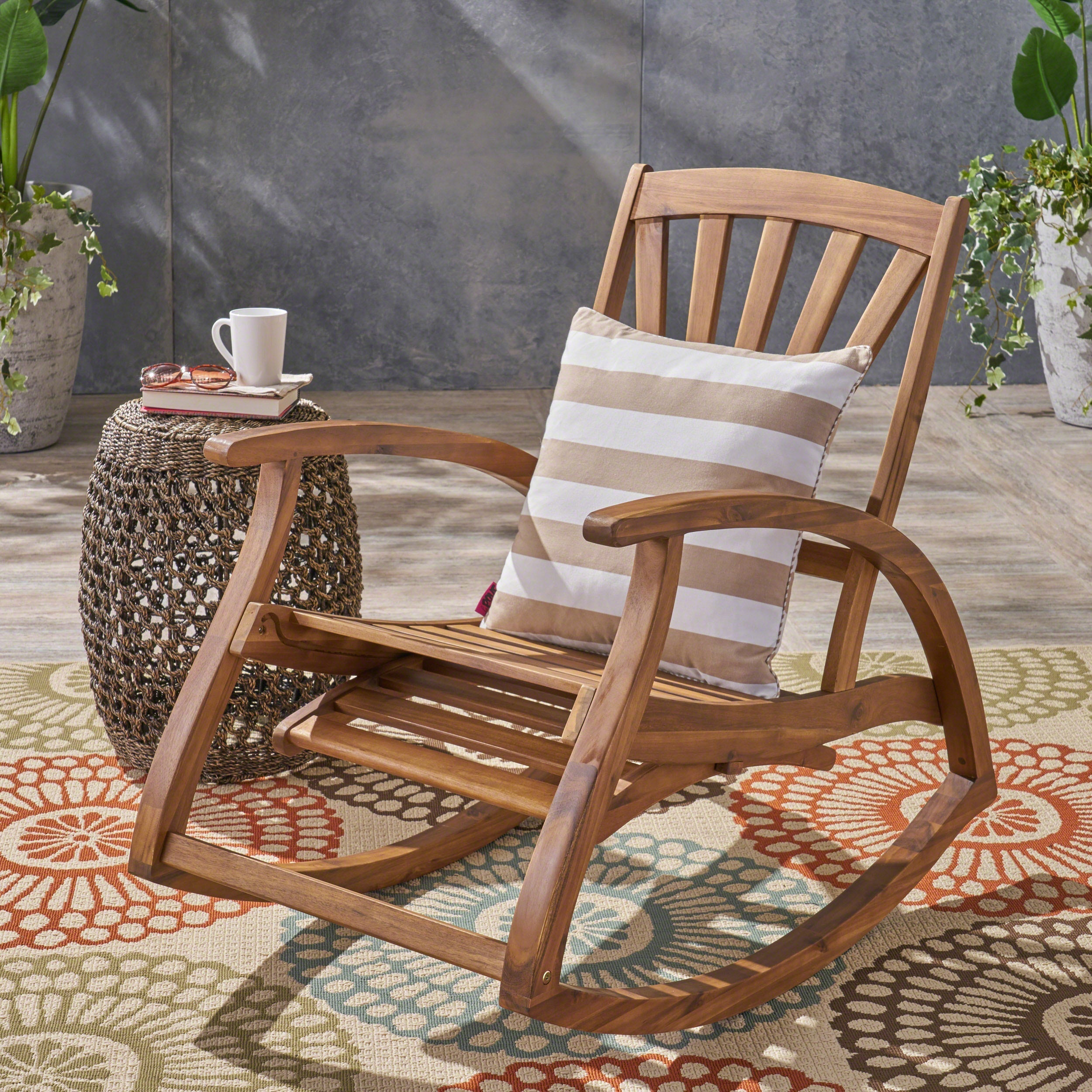 Outdoor Acacia Wood Rocking Chair with Retractable Foot Panel