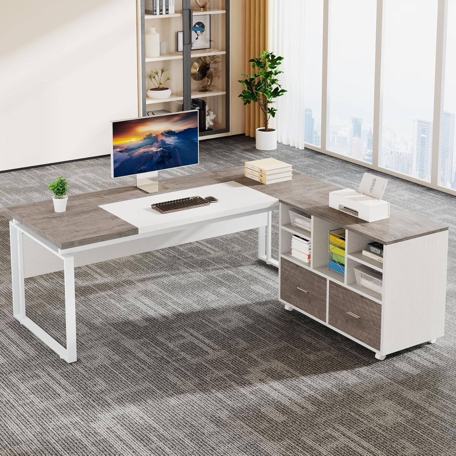 63 Inch L Shaped Desk Gray White With Reversible File Cabinet