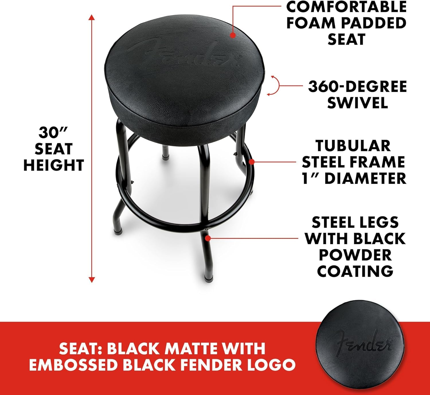 30 Inch Embossed Fender Logo Swivel Bar Stool Black