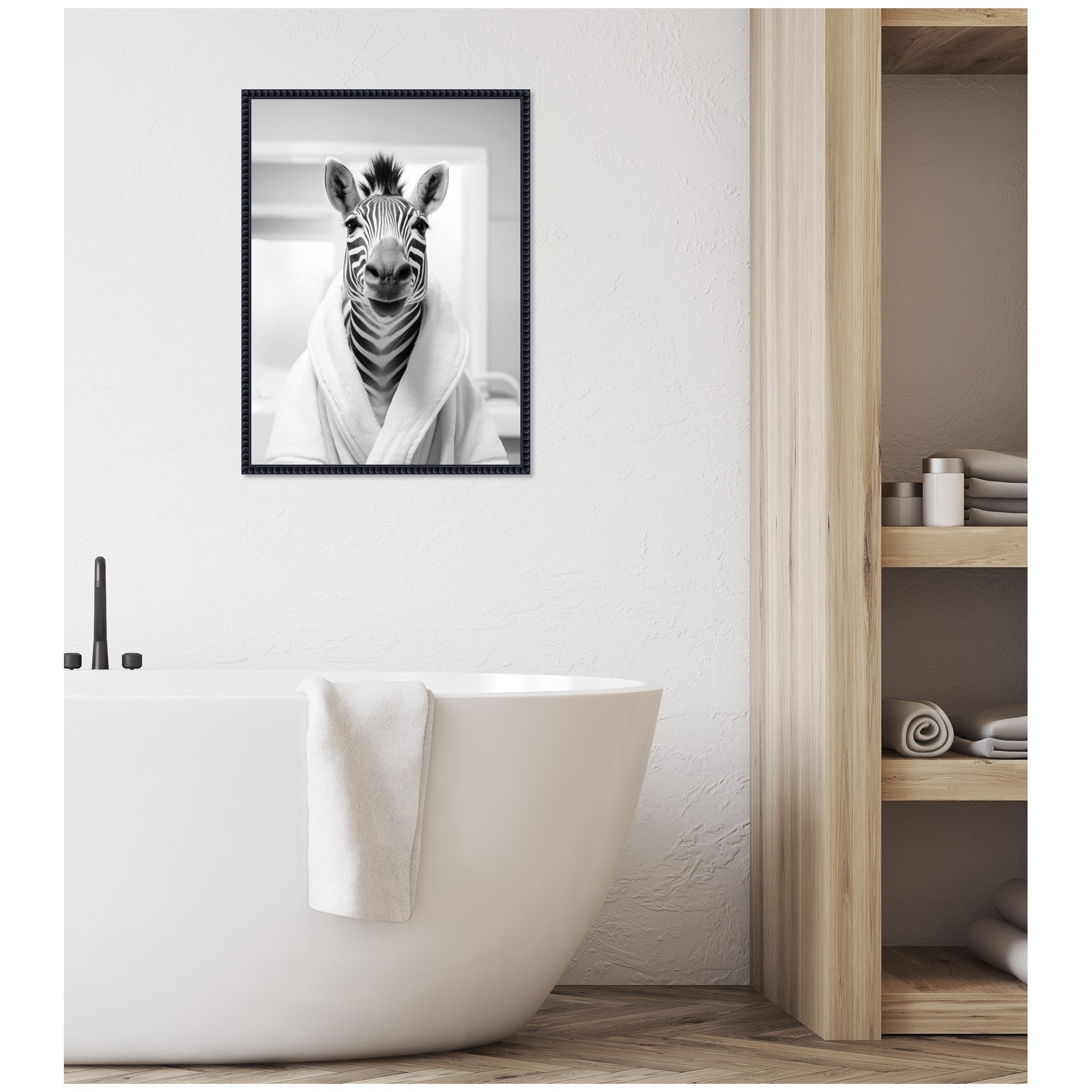 Sylvie Zebra Bathroom Art Towel Robe Black and White Framed Canvas by The Creative Bunch Studio