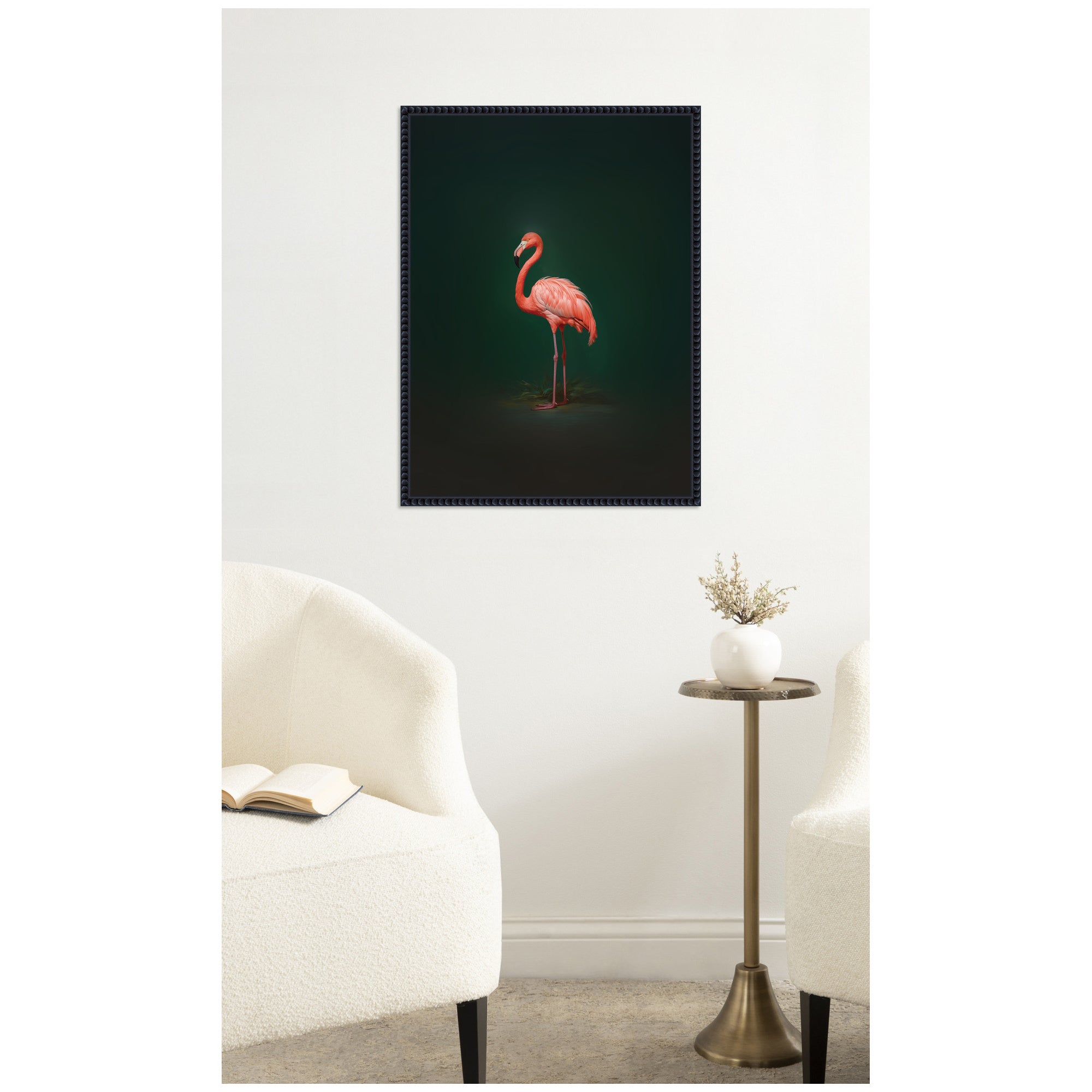 Flamingo Side View Rich Green Backdrop by The Creative Bunch Studio Framed Canvas Wall Art Print