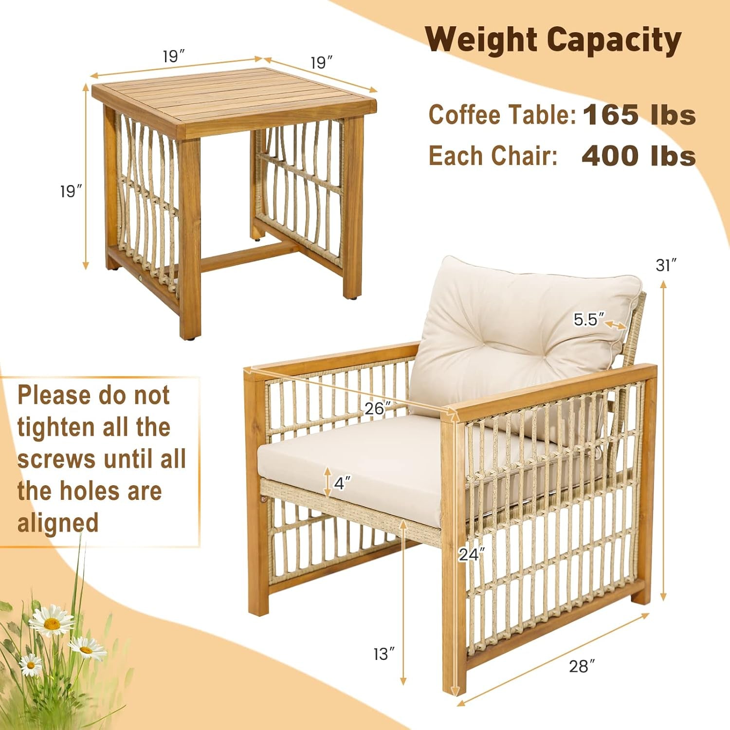 3 Piece Acacia Wood Patio Furniture Set With Beige PE Wicker Cushioned Chairs And Coffee Table