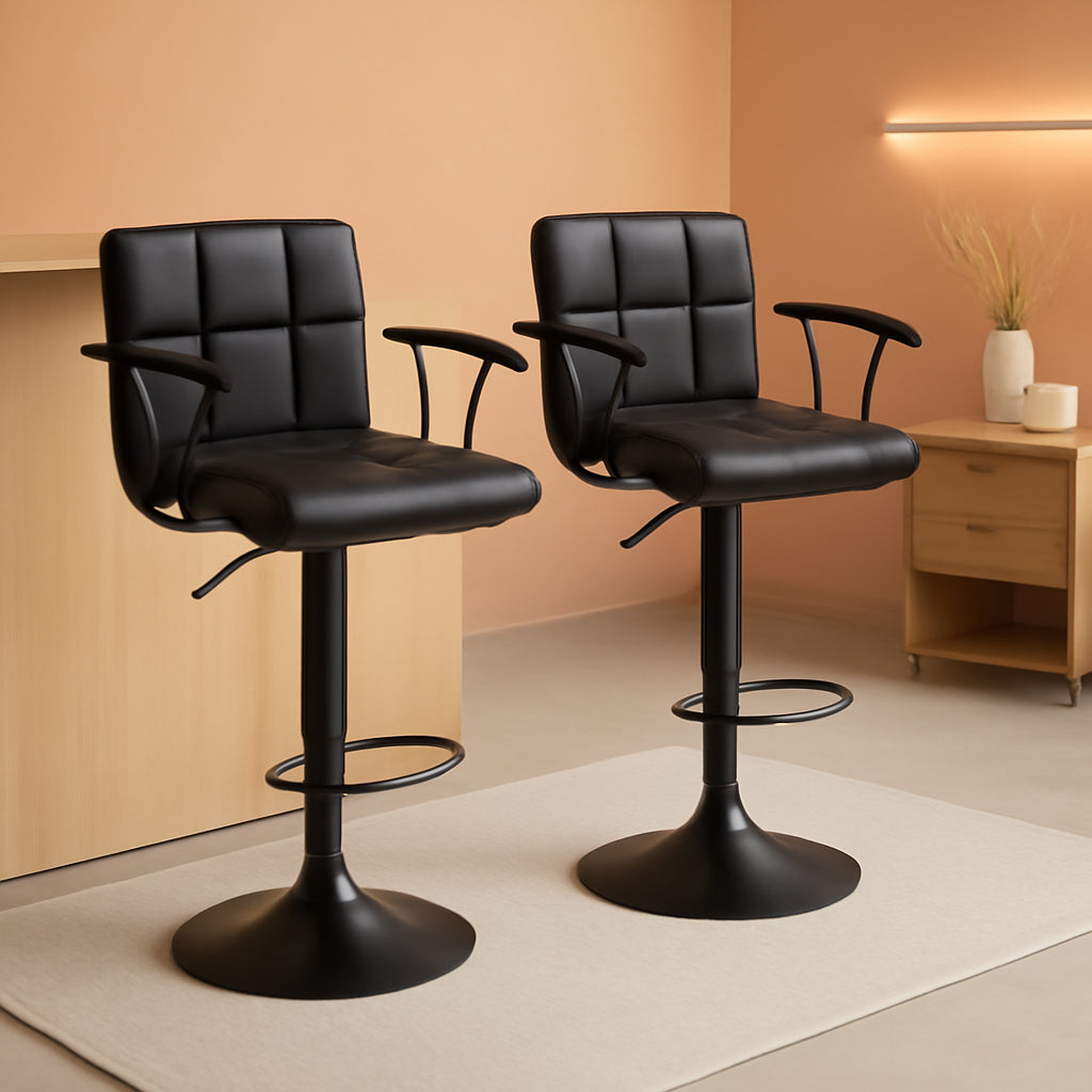 Bar Stools Set Of 2 Adjustable Swivel Black PU Leather Back