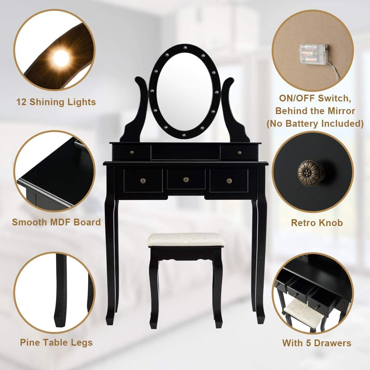 Black Vanity Dressing Table Set With Rotating LED Mirror