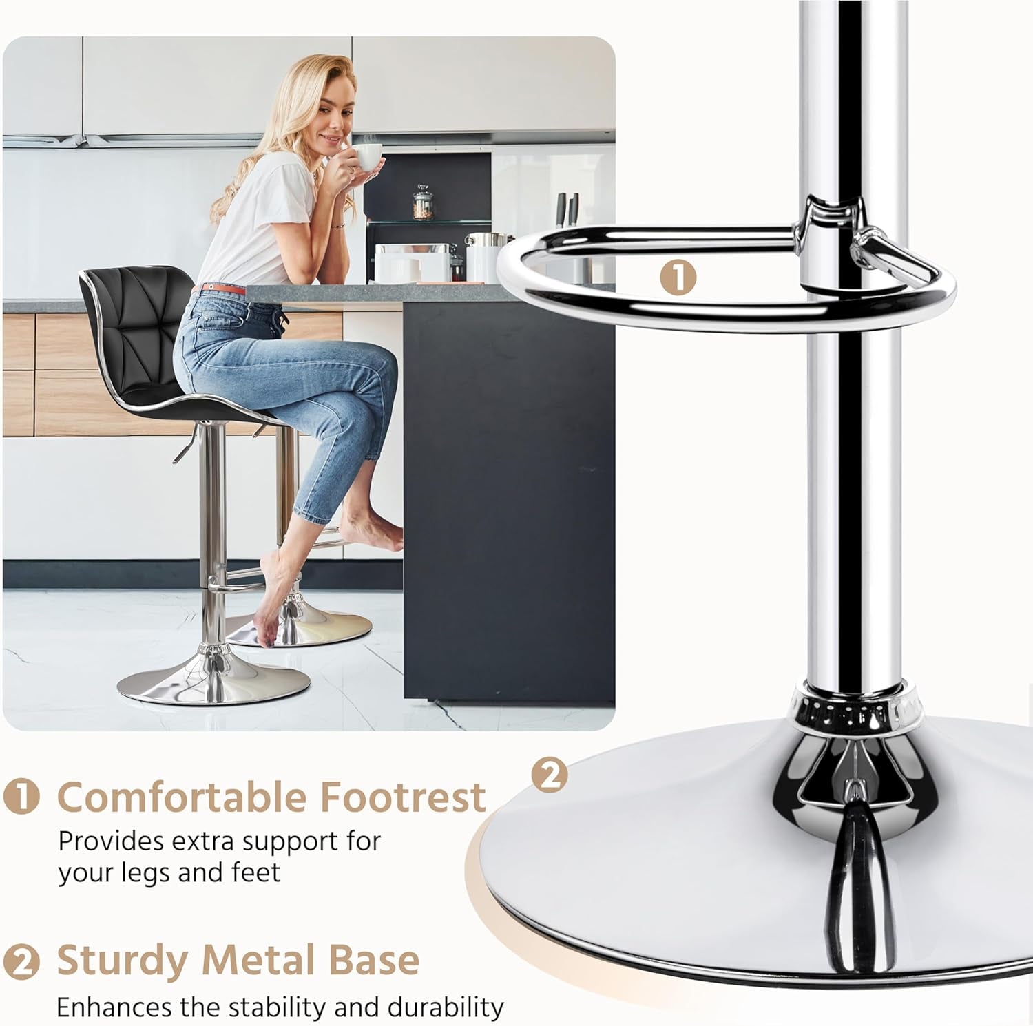 Adjustable Bar Stools Set Of 2 In Black PU Leather