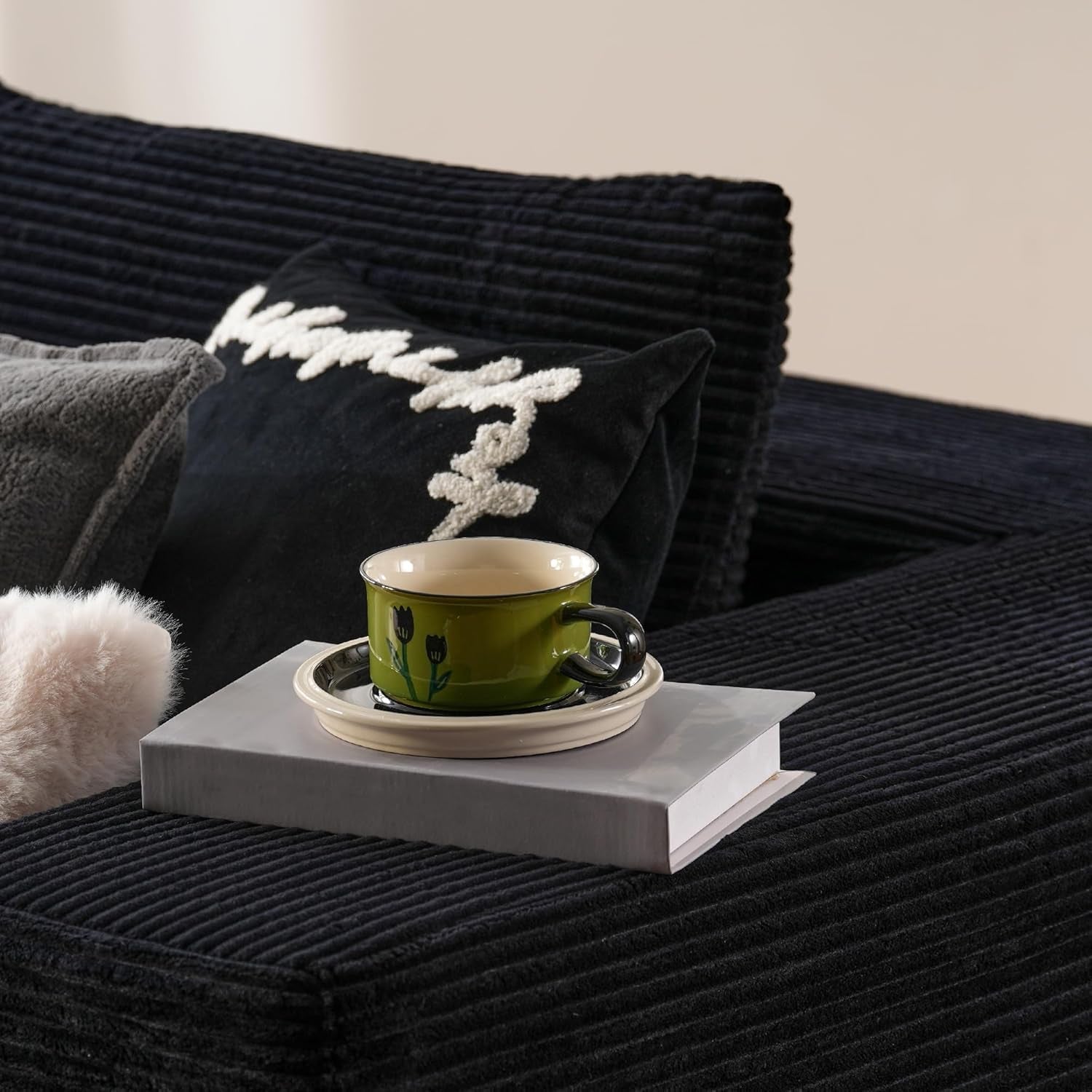 104 Inch Black Corduroy L Shaped Sectional Sofa Deep Set Upholstered Modular Couch No Assembly