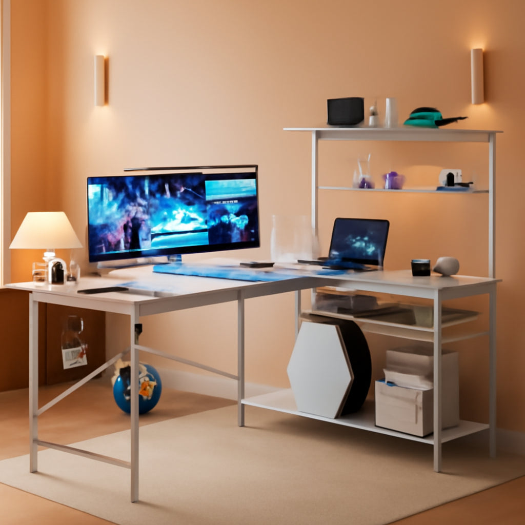 51 Inch L Shaped Gaming Desk With LED Lights And Outlets