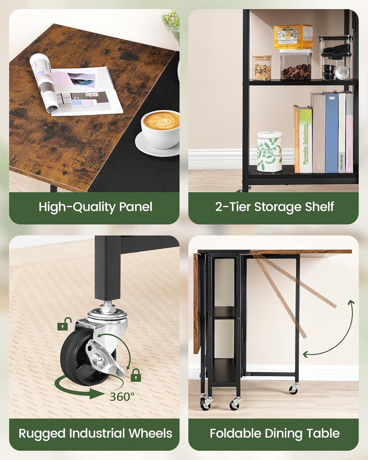 Rustic Brown Expandable Folding Dining Table With 6 Wheels