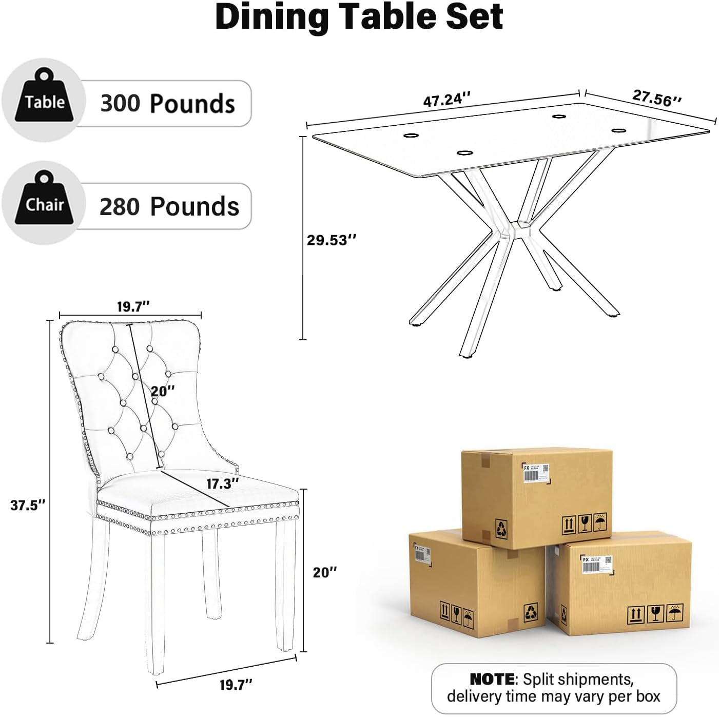 BlackGlassDiningSetForFourTuftedChairsWithNonSlipFeet