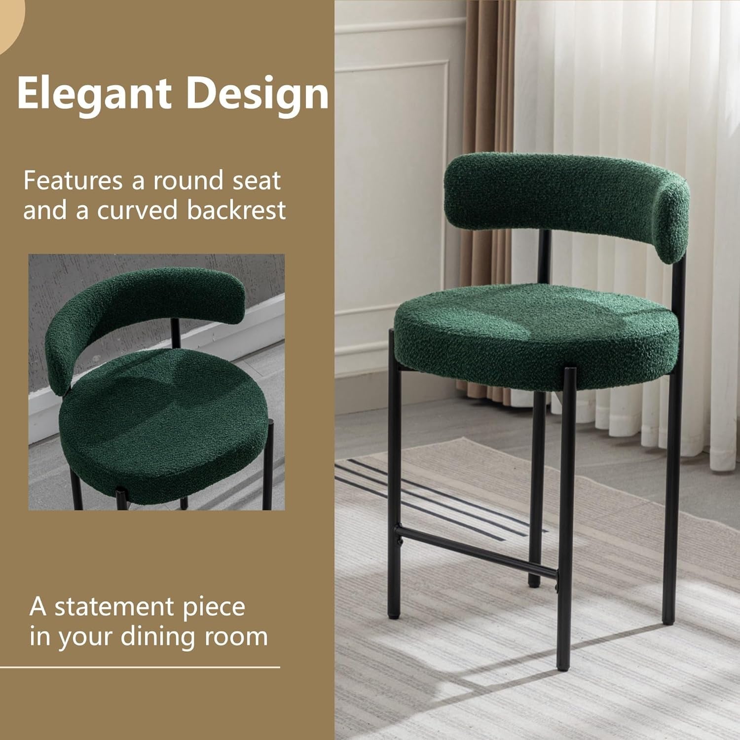 Green Boucle Counter Height Bar Stools Set of Three