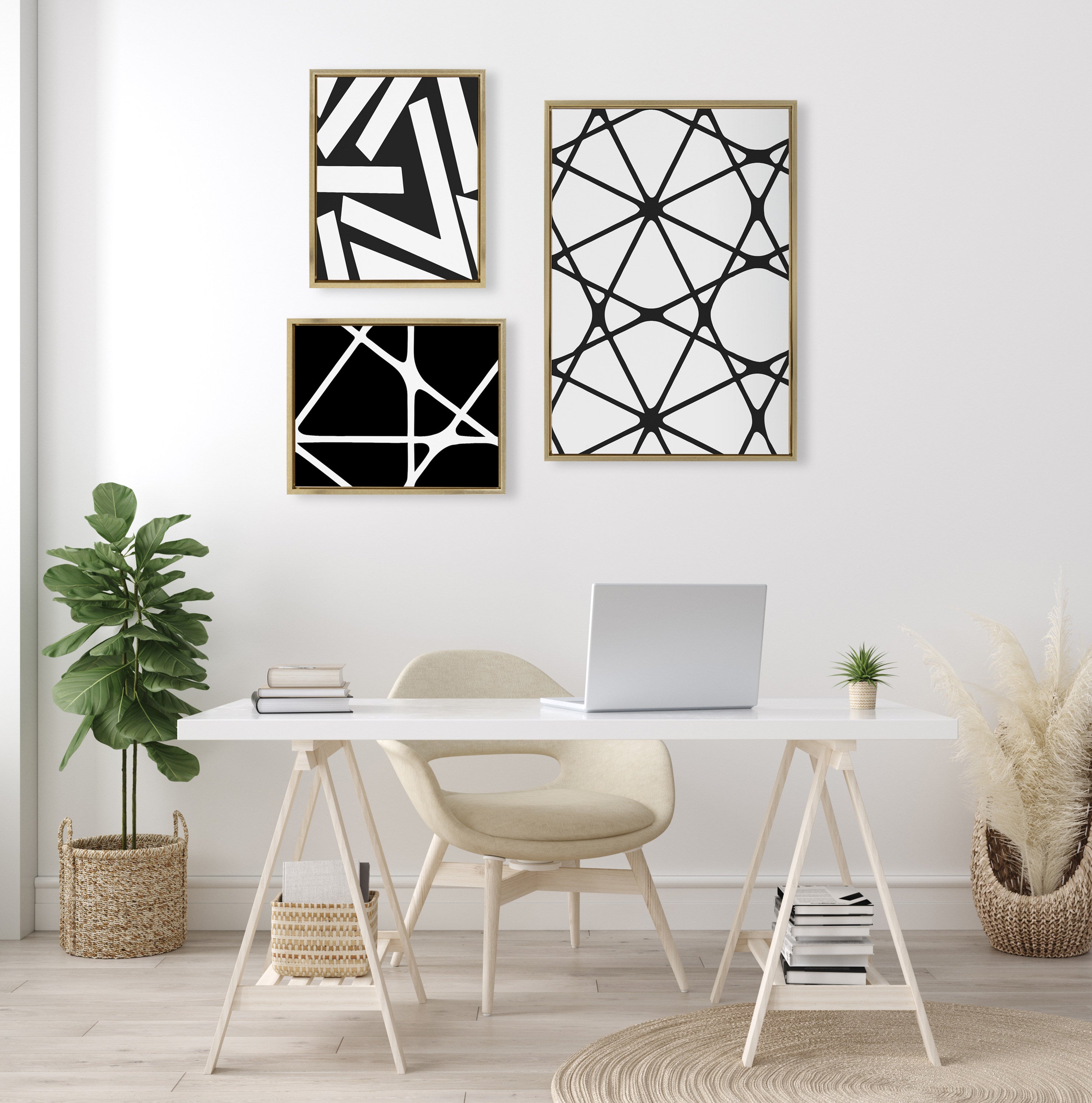 Sylvie Elevated Modern Black and White Minimalist Pattern No 1, 2 and 3 Framed Canvas by The Creative Bunch Studio
