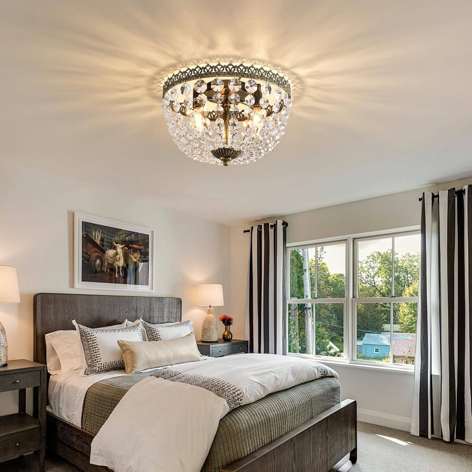 Three Light French Empire Crystal Chandelier Antique Bronze Dimmable Flush Mount-3