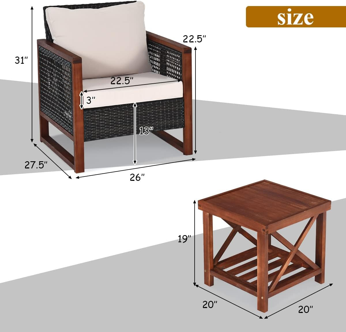 3 Piece Patio Wicker Furniture Set With Beige Washable Cushions And Acacia Wood Coffee Table