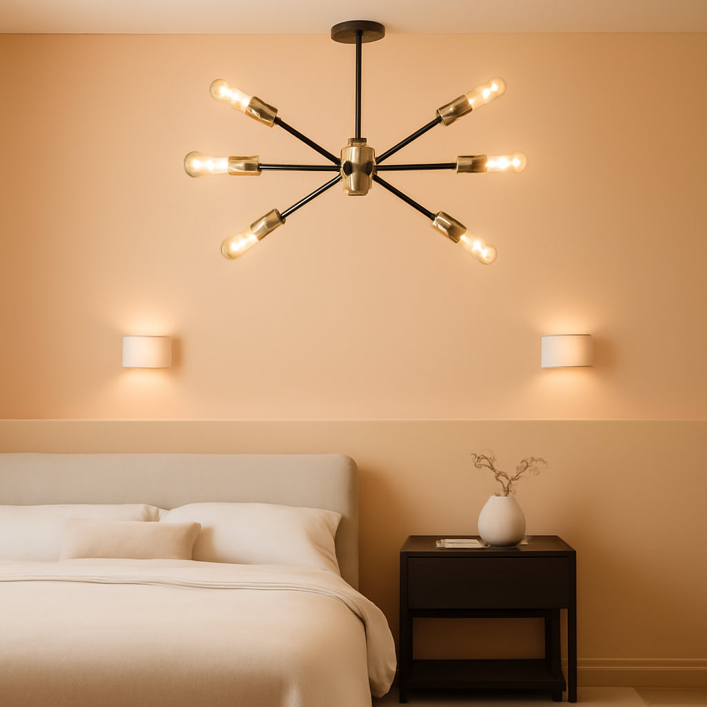 Black And Gold 6 Light Sputnik Ceiling Chandelier Semi Flush Mount UL Listed