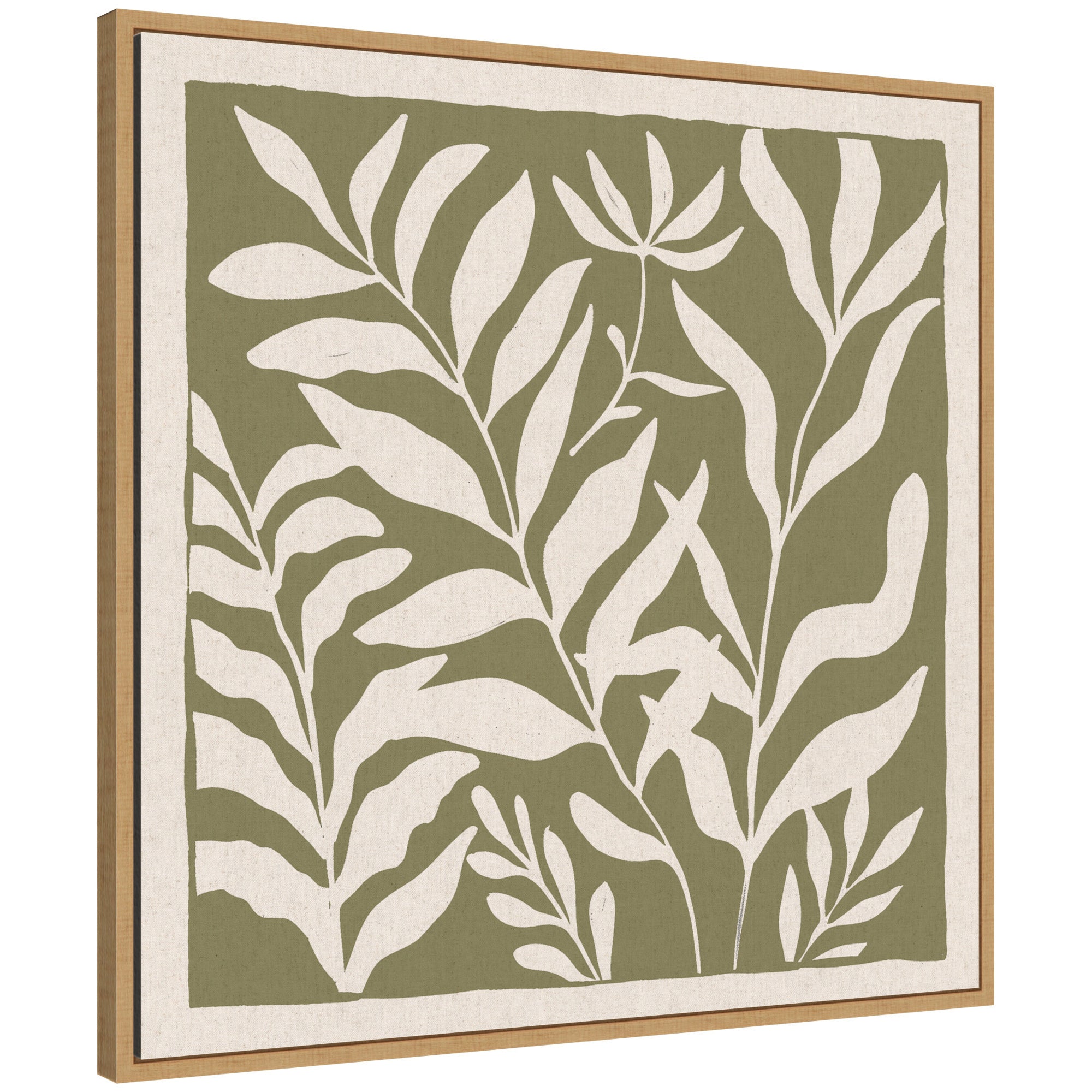 Sylvie Modern Minimalist Botanical Green and Neutral Linen Framed Canvas by The Creative Bunch Studio
