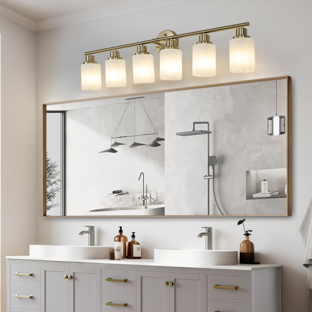 Vanity Light Fixture | 4/5/6/8-Light Bathroom Wall Sconce with Frosted White Glass & Iron Frame — Black, Chrome or Gold, 4 Sizes